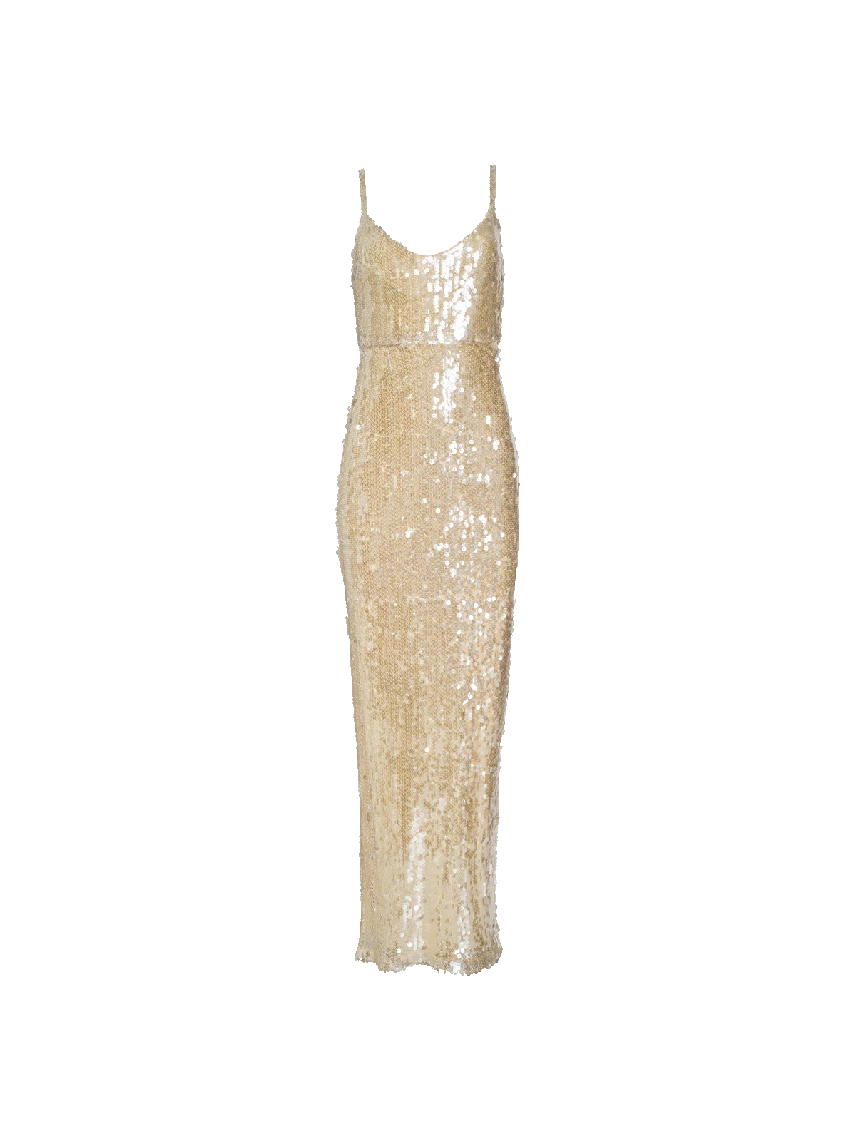 The Karma Sequin Maxi Dress is a sleeveless gold gown adorned with shimmering sequins. It features thin spaghetti straps, a fitted waist, a floor-length silhouette, and a flattering V-neckline—delivering an elegant look that’s perfect for making an impression at NYFW 2026.