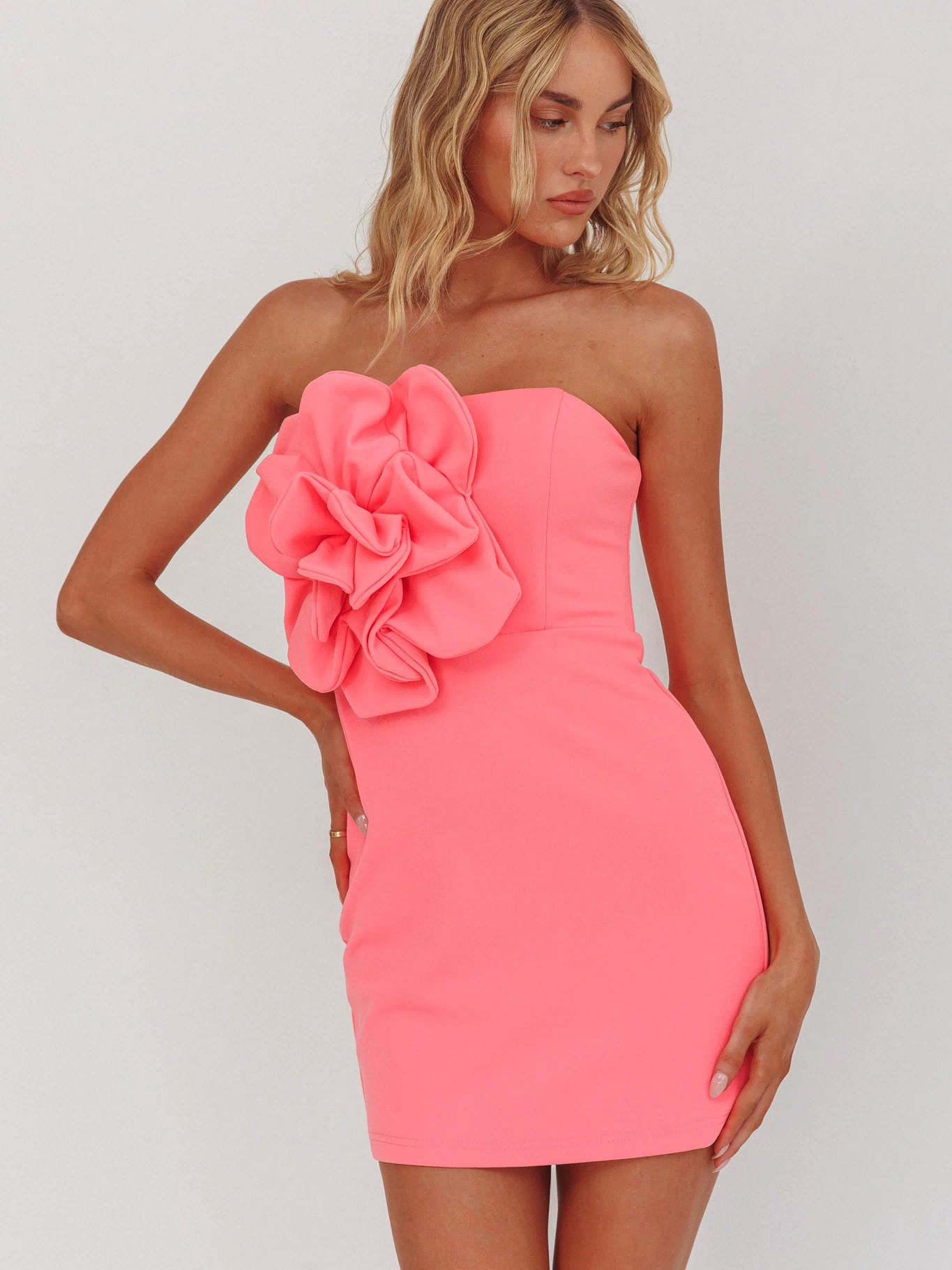 Karoline 3D Flower Strapless Mini Dress Pink by Selfie Leslie