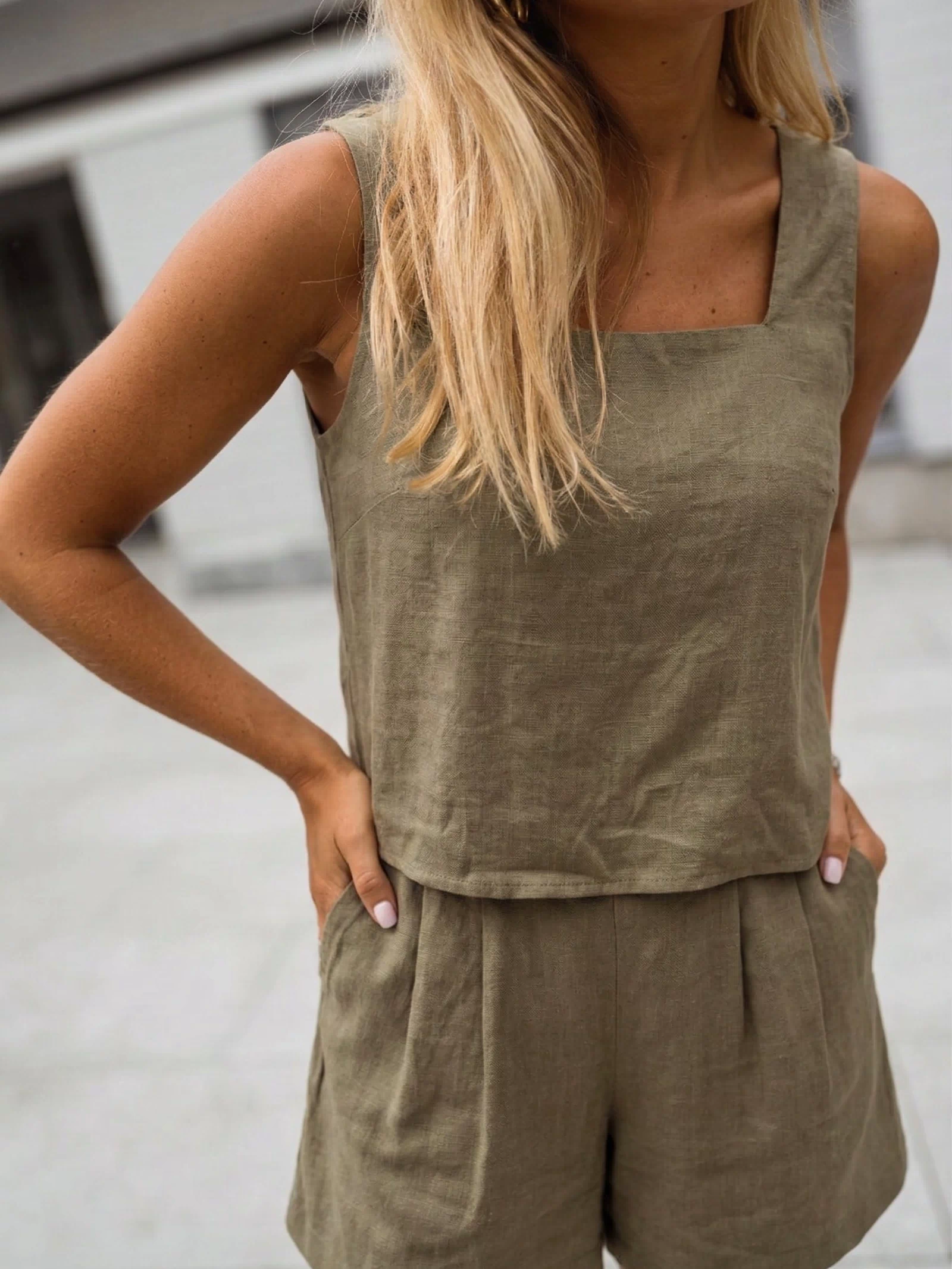 Khaki Lison Shorts worn by model with Khaki Annie Top, full look