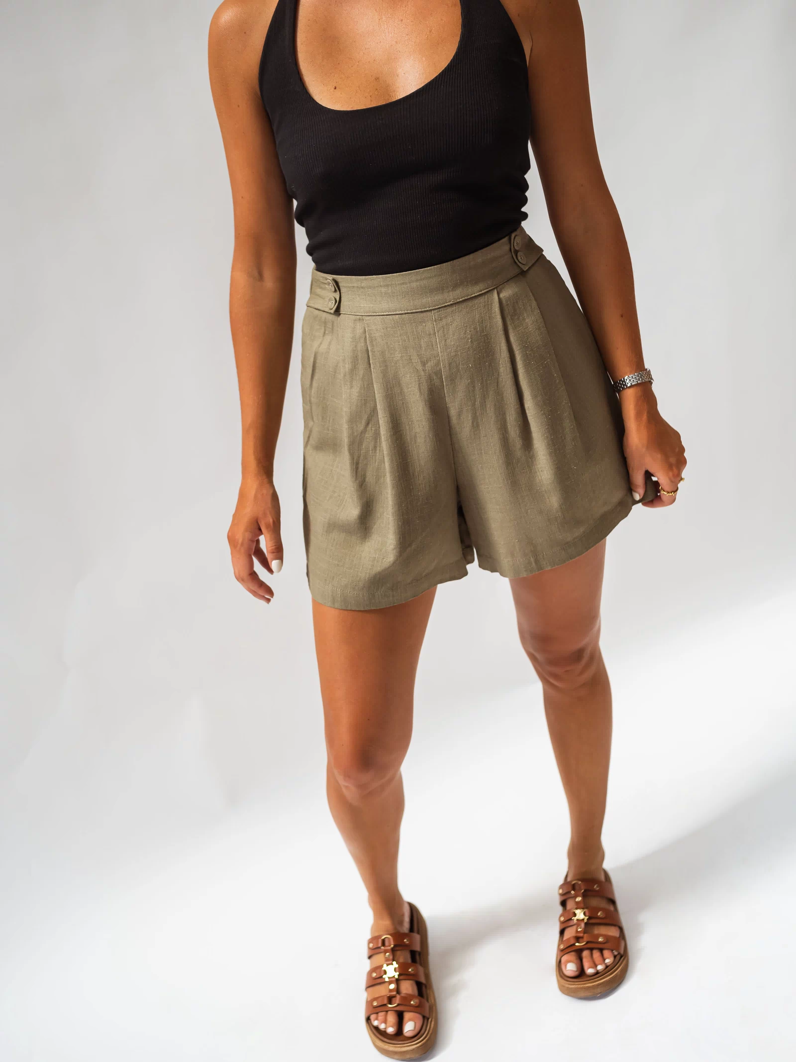 Khaki Lison Shorts side pocket and button detail, close view