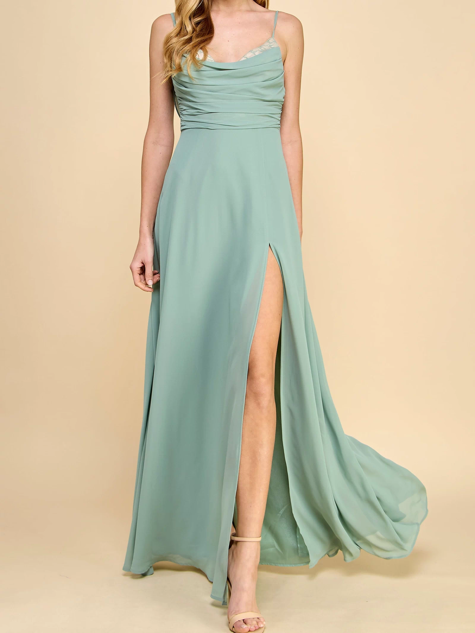 Kieran Sage A-Line Maxi Dress w/ Lace | Boutique 1861 model frontview