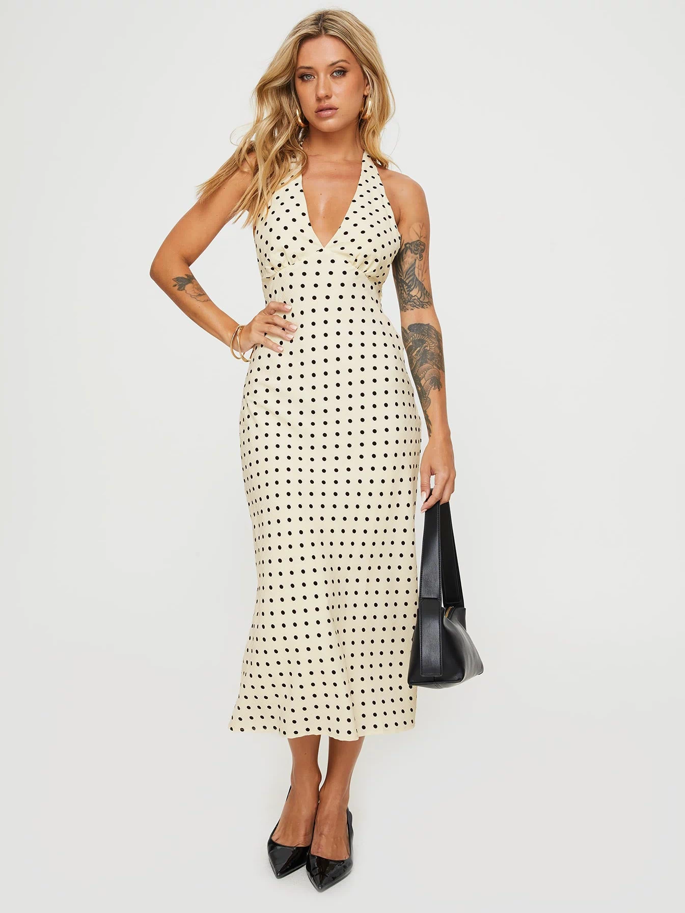 front view of model wearing Princess Polly Kimbelle Halter Maxi Dress Cream / Polka Dot Plunger 