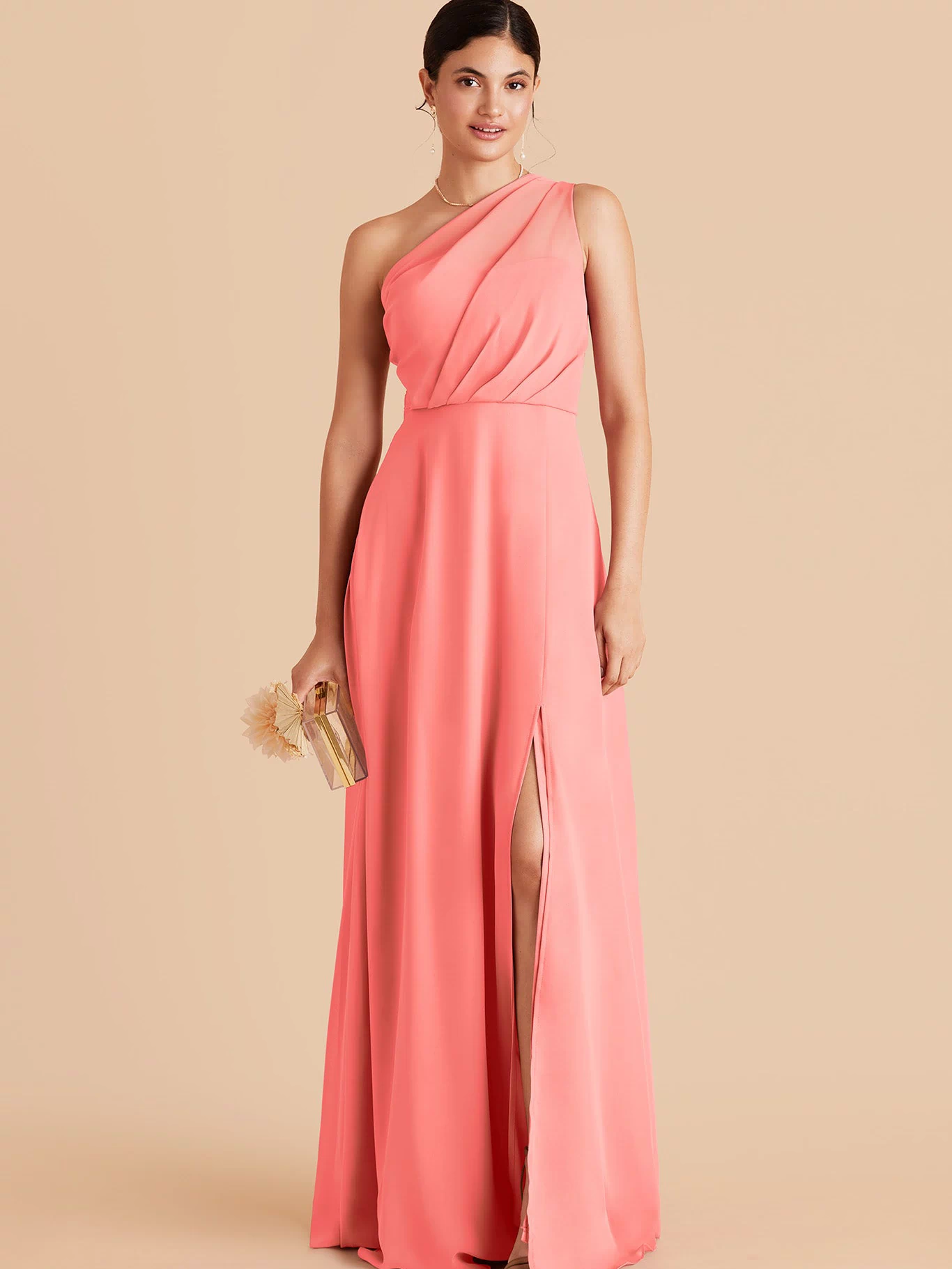 Kira Chiffon Dress With Slit - Coral Pink