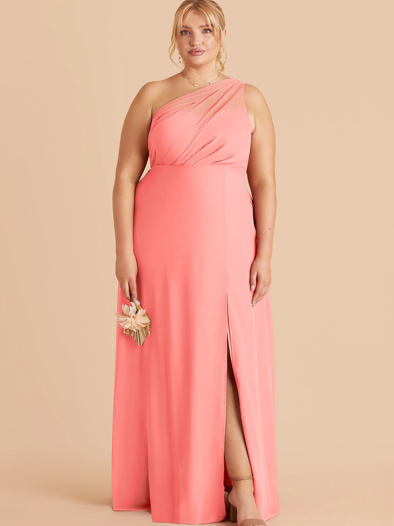 Coral Pink Kira Chiffon Dress with Slit by Birdy Grey
