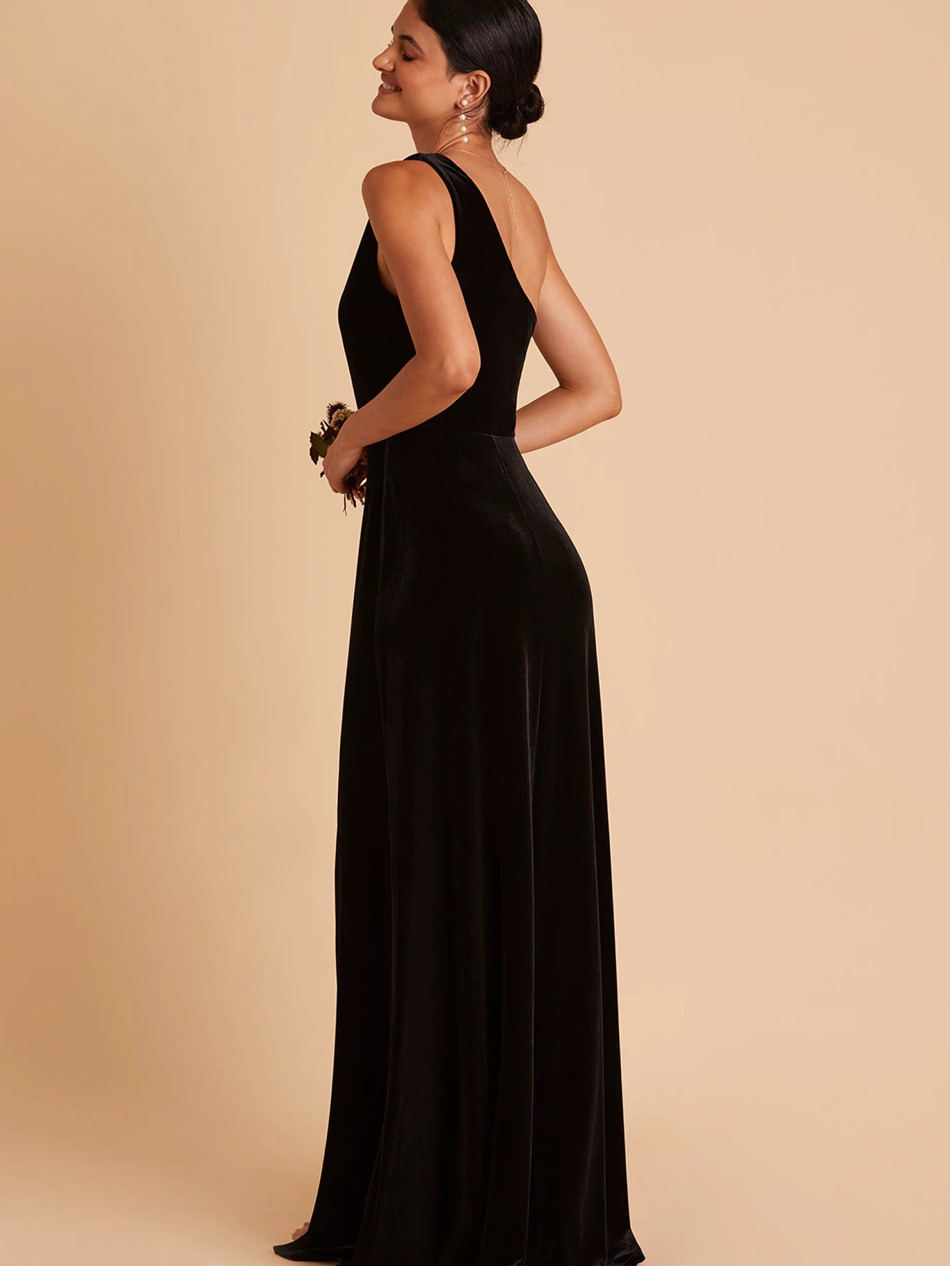 Kira bridesmaid dress with slit in black velvet by Birdy Grey, back view