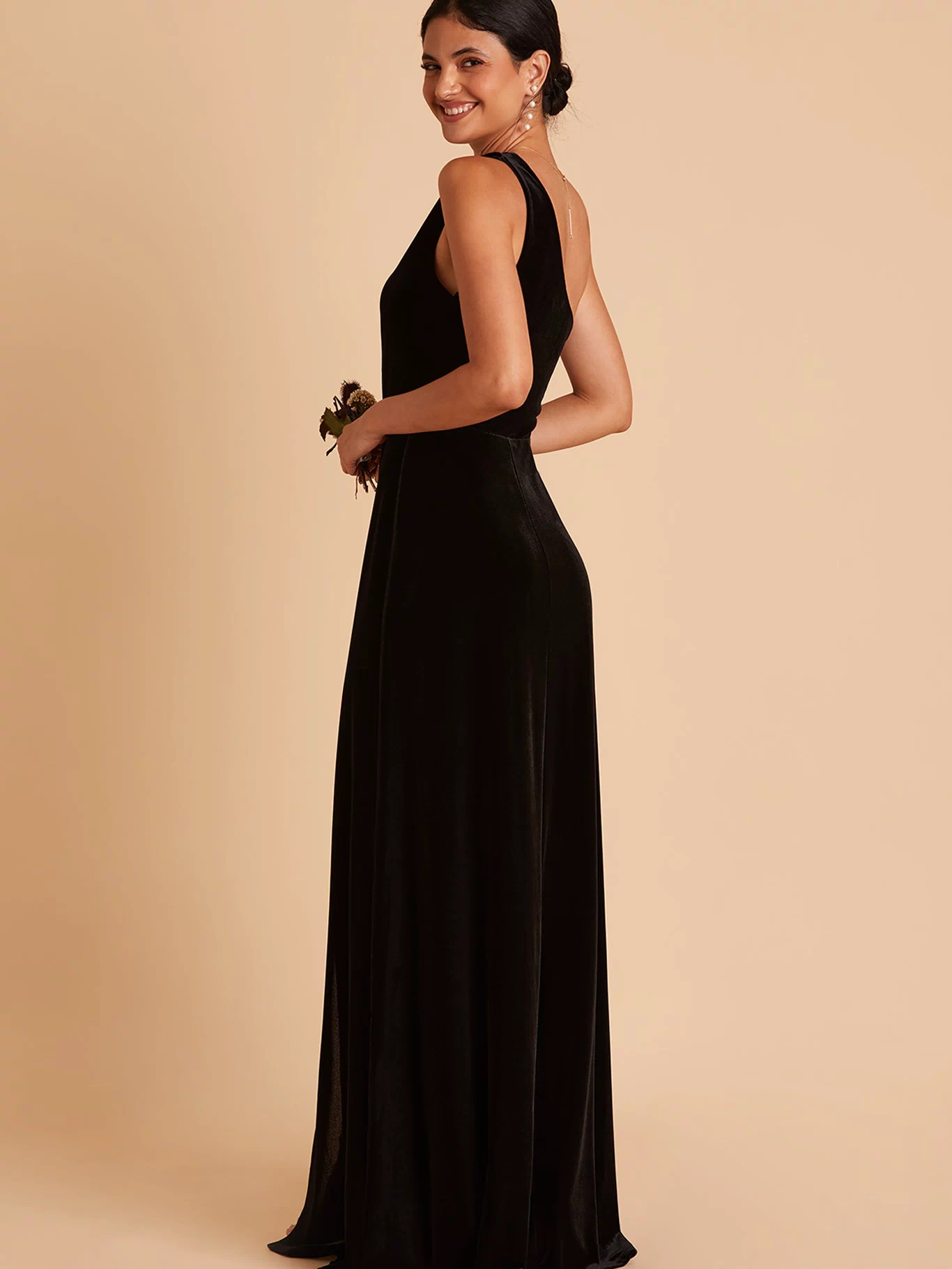 Kira bridesmaid dress with slit in black velvet by Birdy Grey, front view