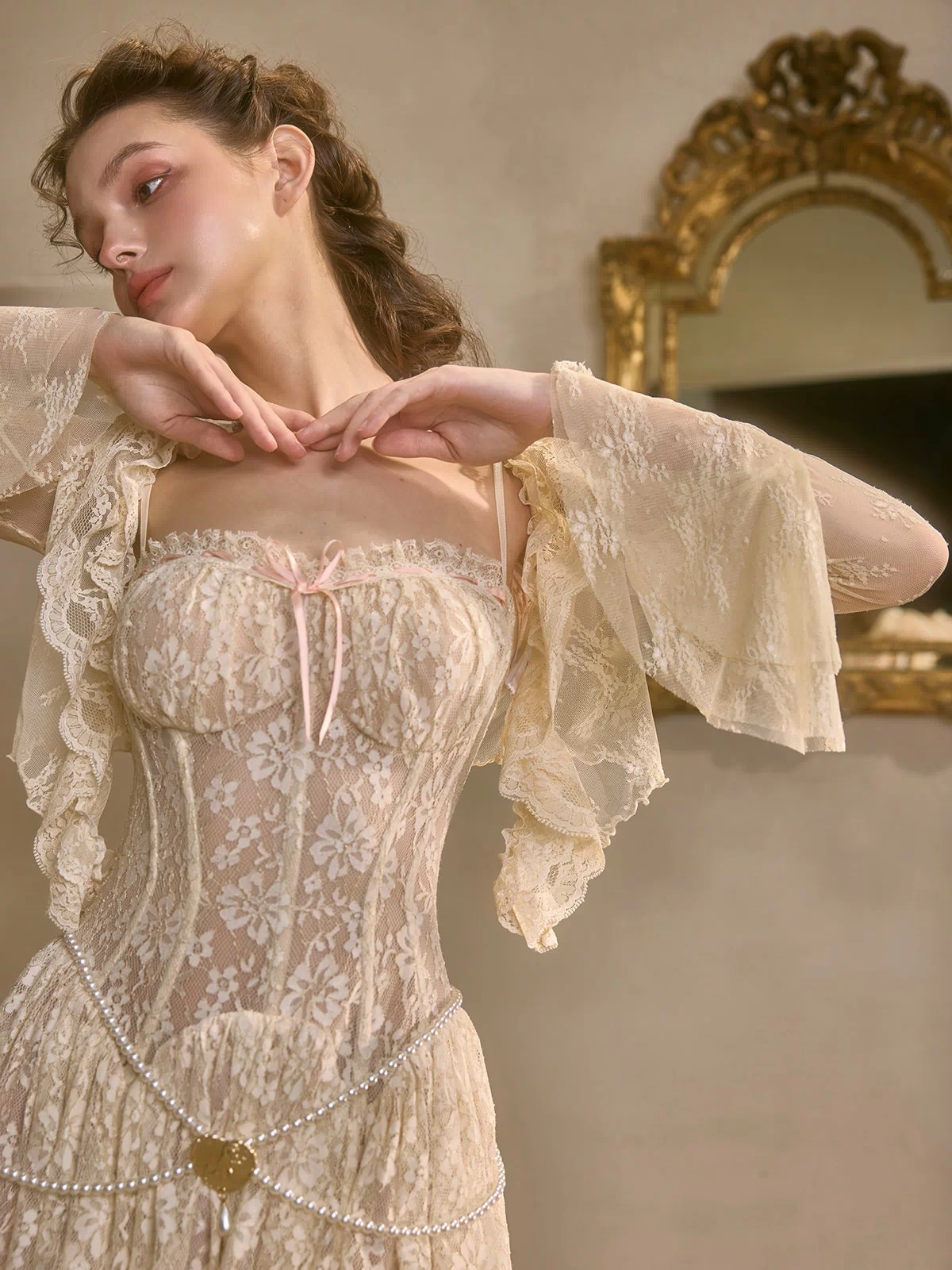 Lacemade white tiered lace dress featuring a structured corset bodice