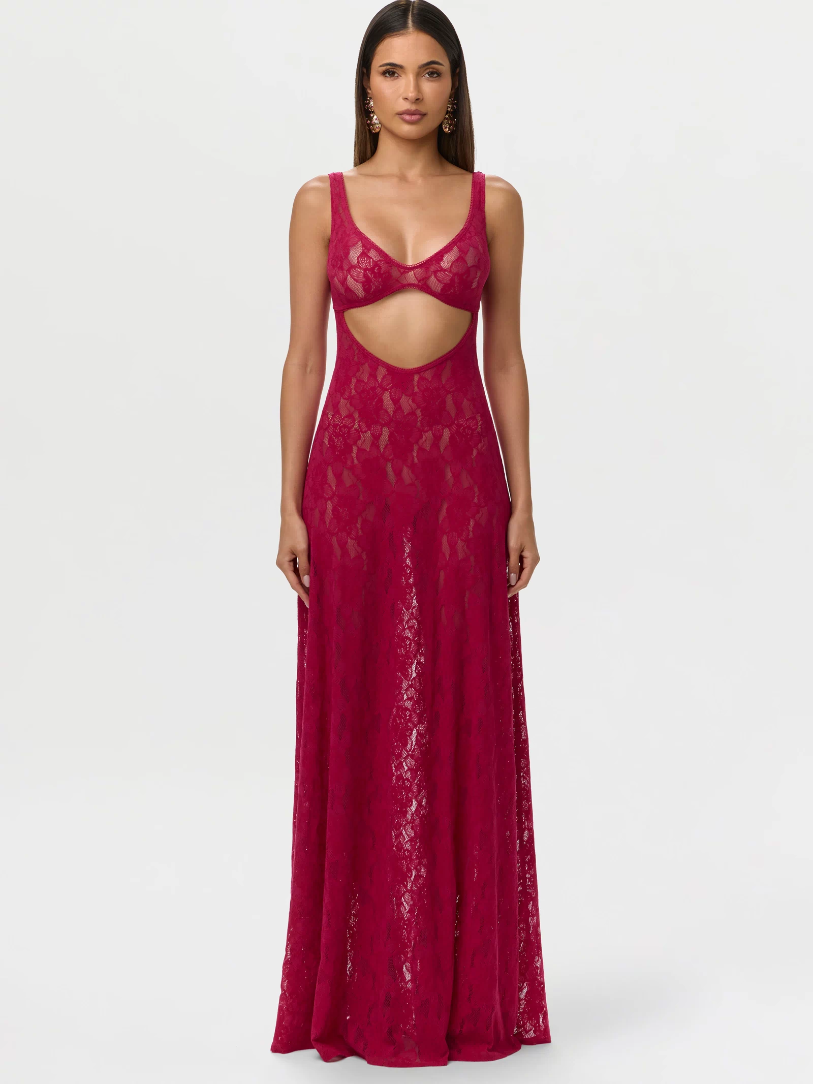 Dark Raspberry Lace Cut Out Maxi Dress