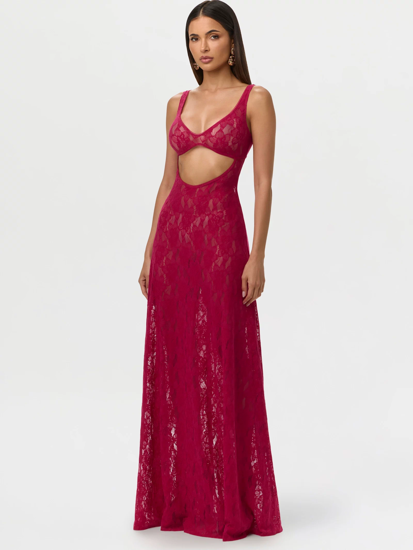 Dark Raspberry Lace Cut Out Maxi Dress