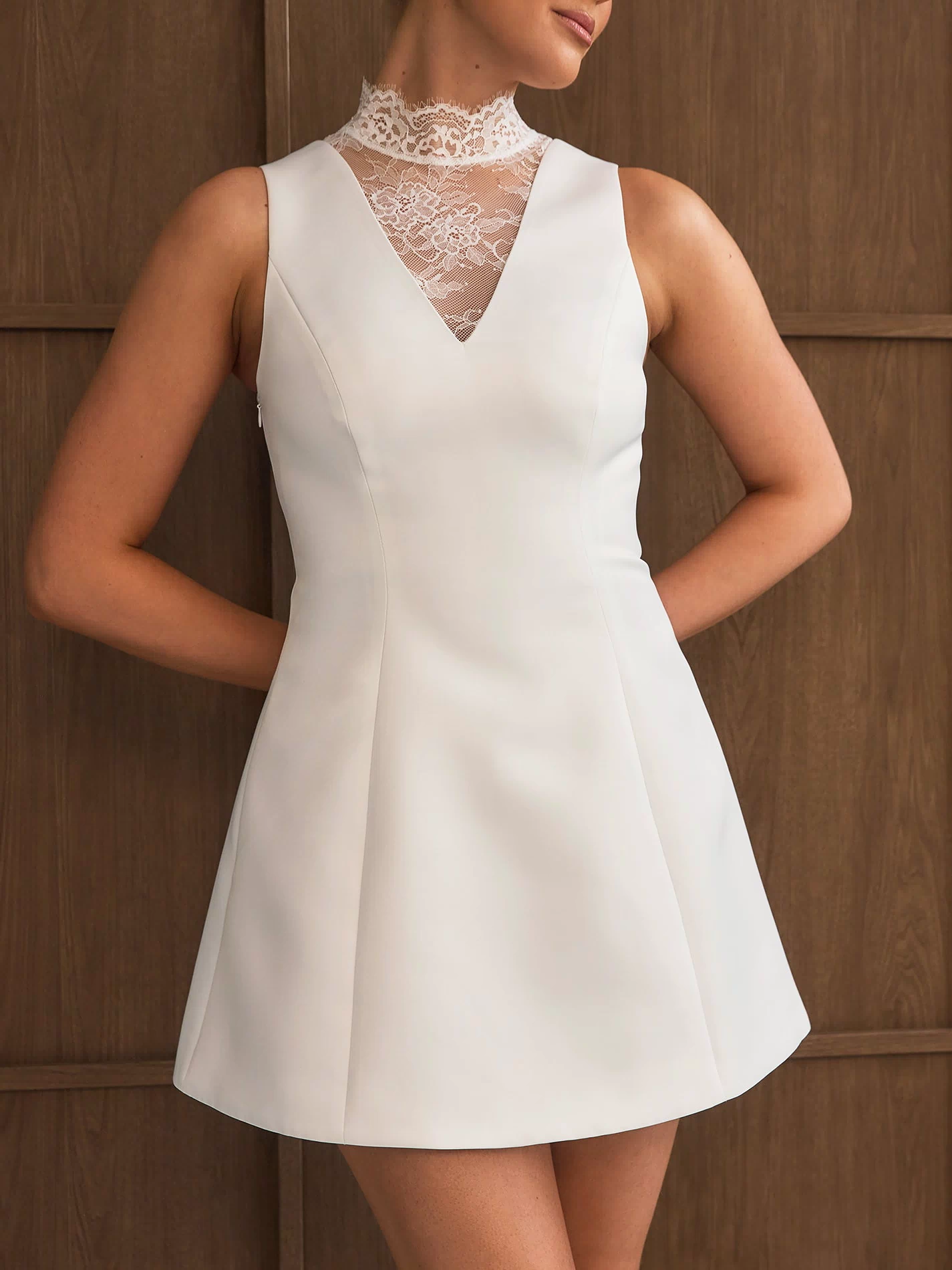 Lace High Neck A-line Mini Dress - White