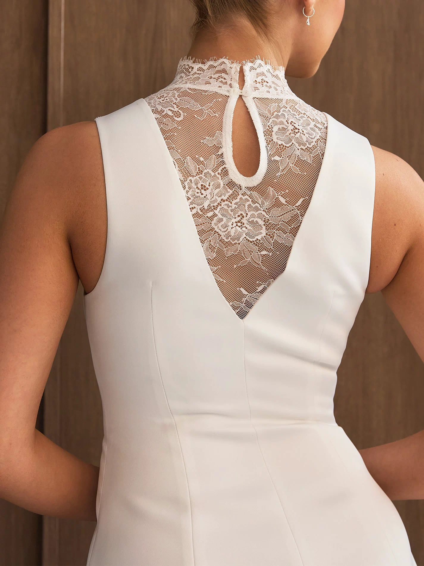 Lace High Neck A-line Mini Dress - White