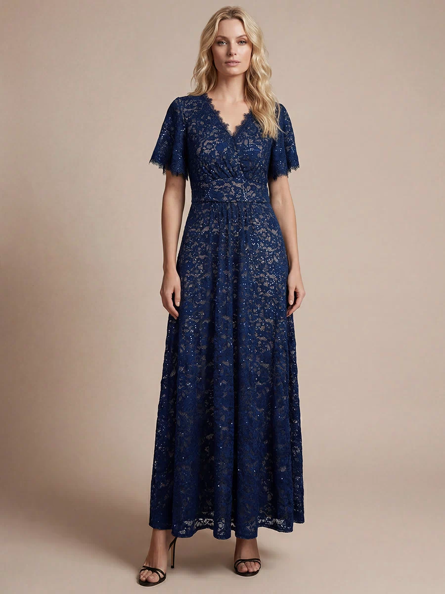 Lace Ruffle Sleeve A-Line Evening Dress