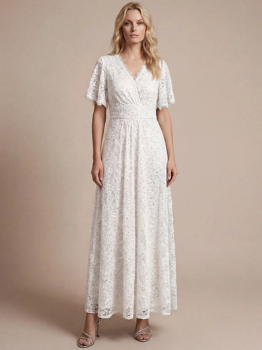 Lace Ruffle Sleeve A-Line Evening Dress #color_White