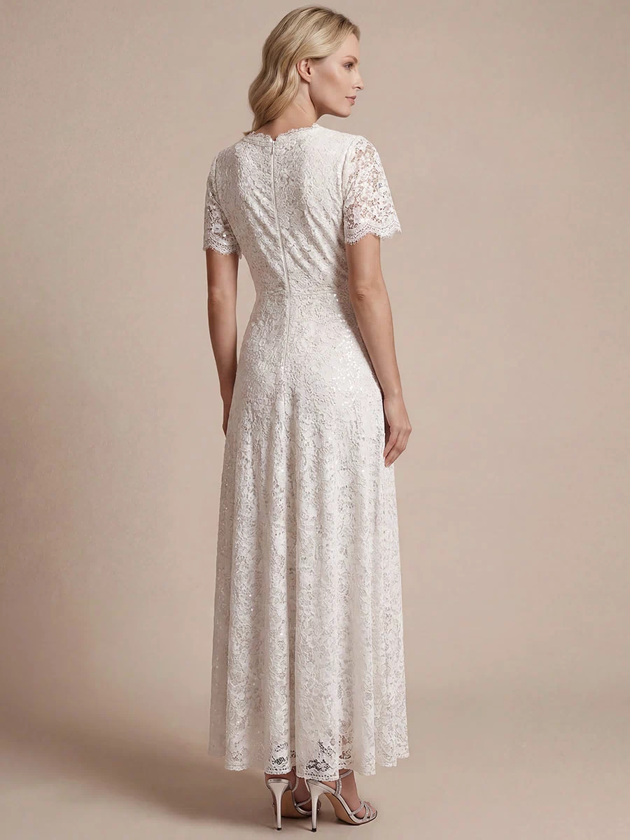 Lace Ruffle Sleeve A-Line Evening Dress #color_White