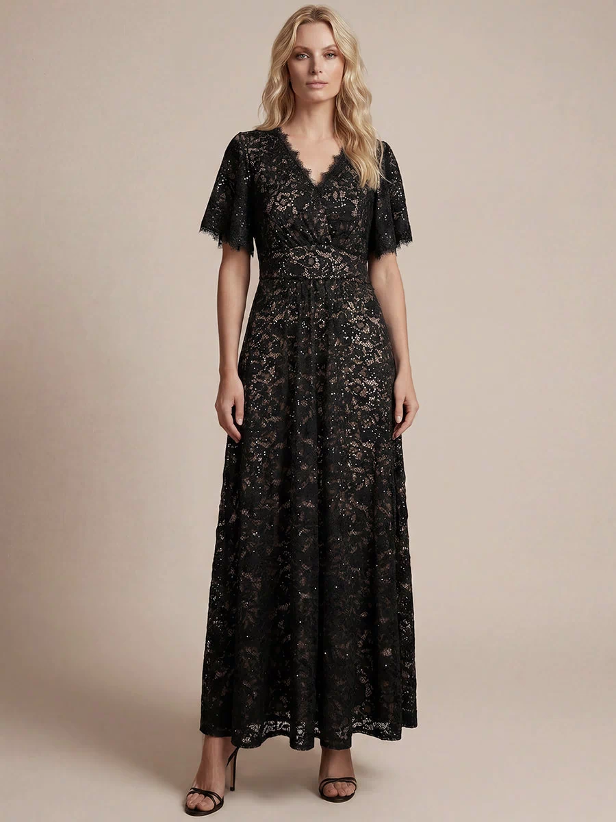 Lace Ruffle Sleeve A-Line Evening Dress #color_Black
