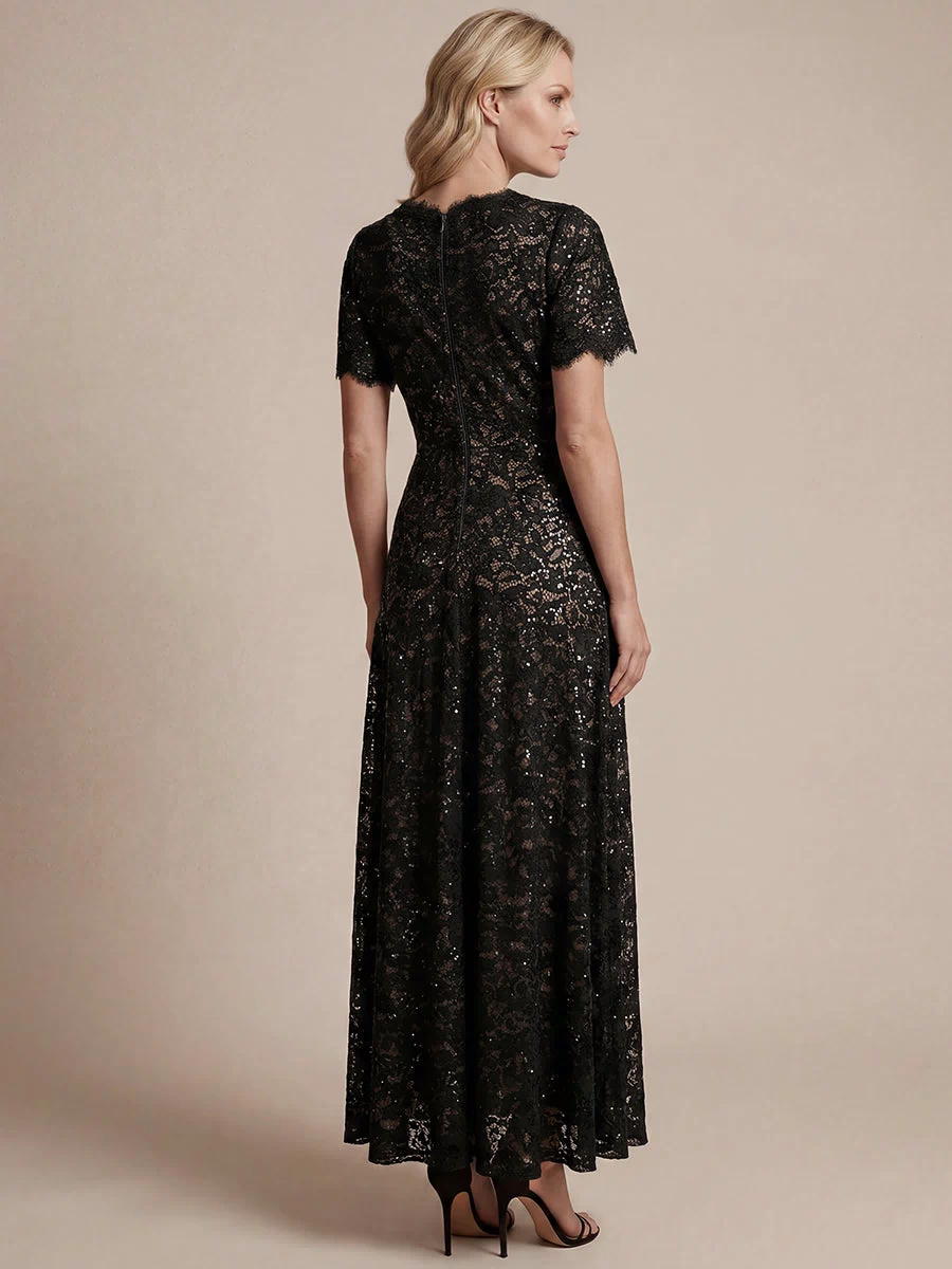 Lace Ruffle Sleeve A-Line Evening Dress #color_Black