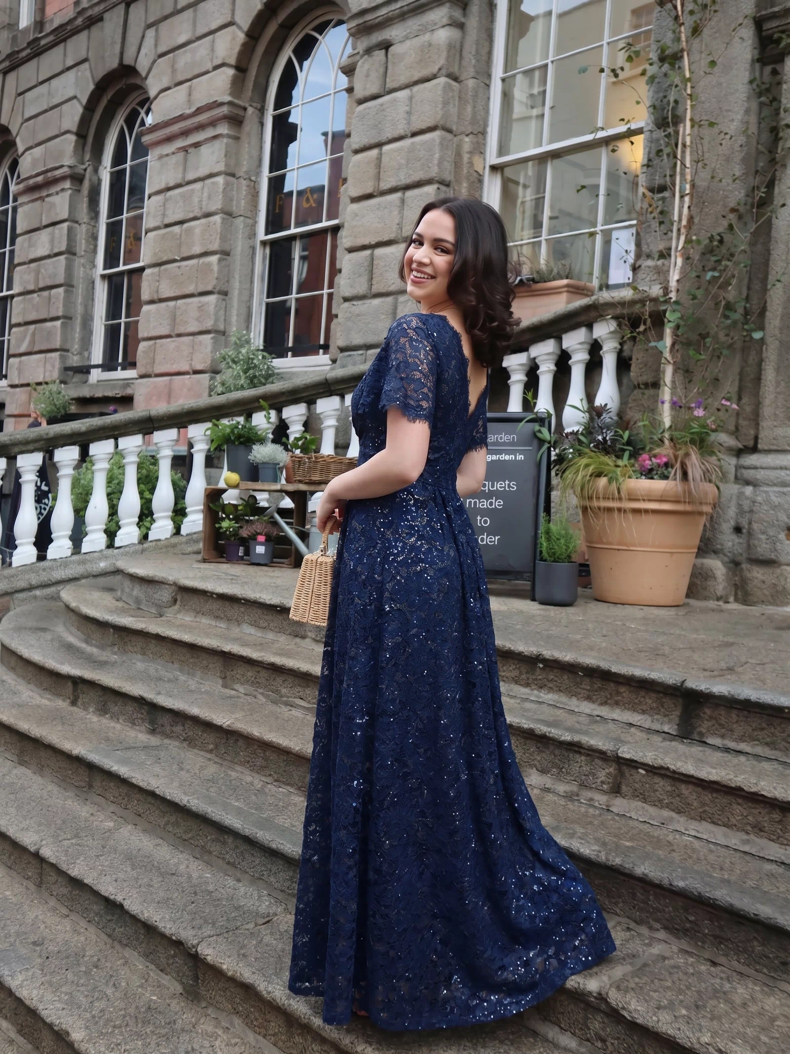 Lace Ruffle Sleeve A-Line Evening Dress #color_Navy Blue