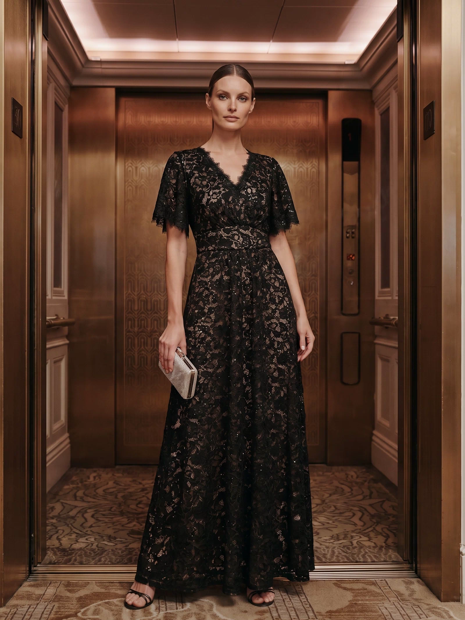 Lace Ruffle Sleeve A-Line Evening Dress #color_Black