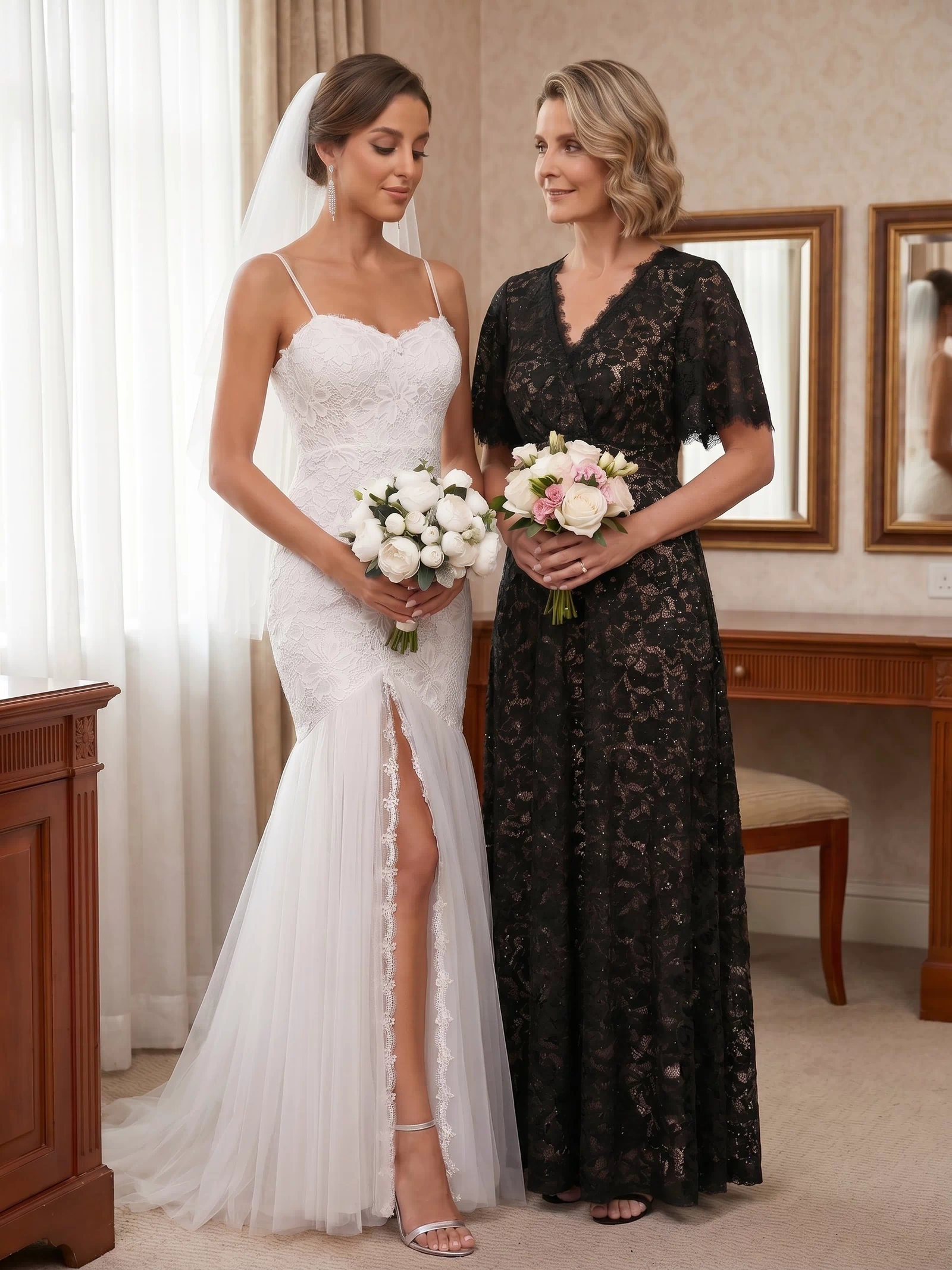 Lace Ruffle Sleeve A-Line Evening Dress #color_Black