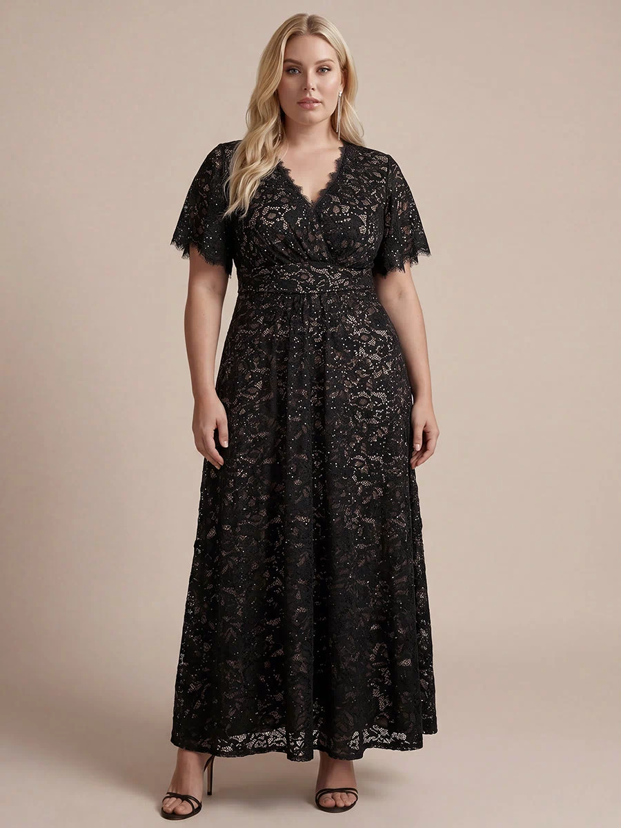 Lace Ruffle Sleeve A-Line Evening Dress #color_Black