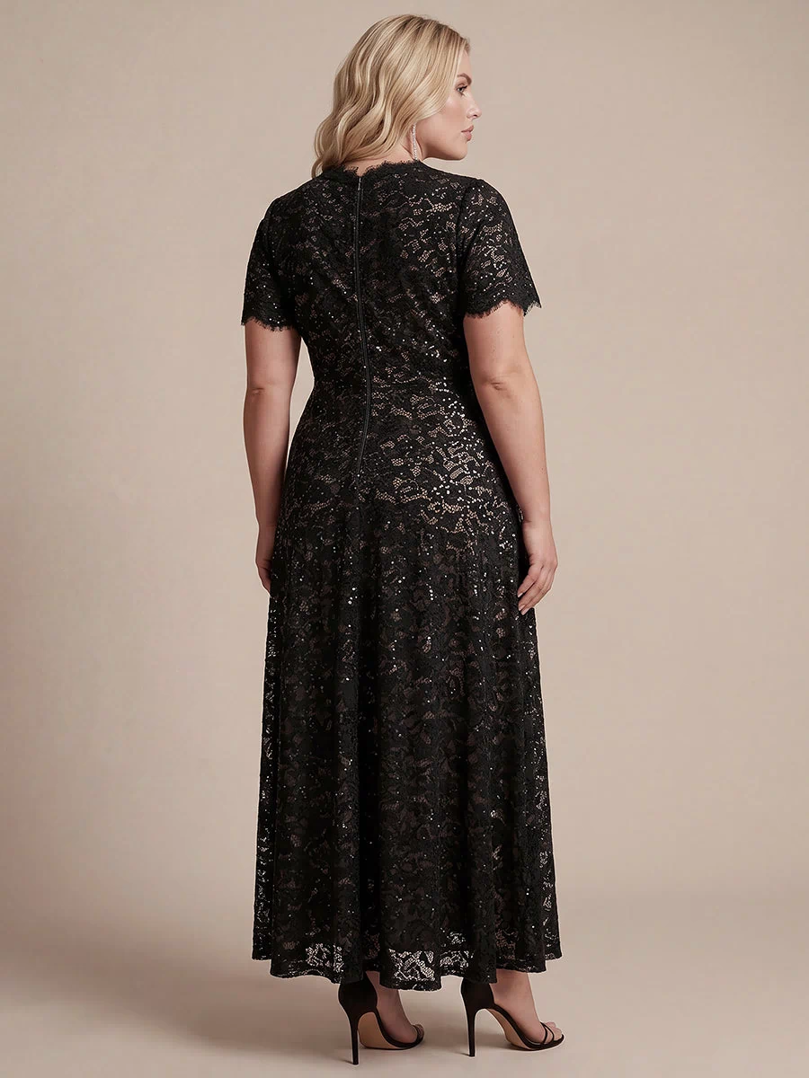 Lace Ruffle Sleeve A-Line Evening Dress #color_Black