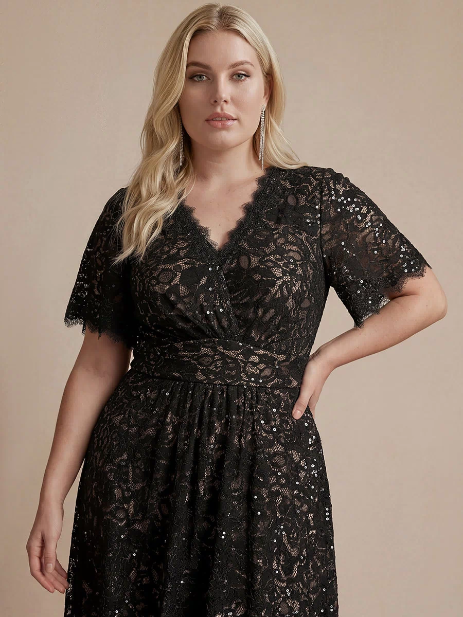 Lace Ruffle Sleeve A-Line Evening Dress #color_Black