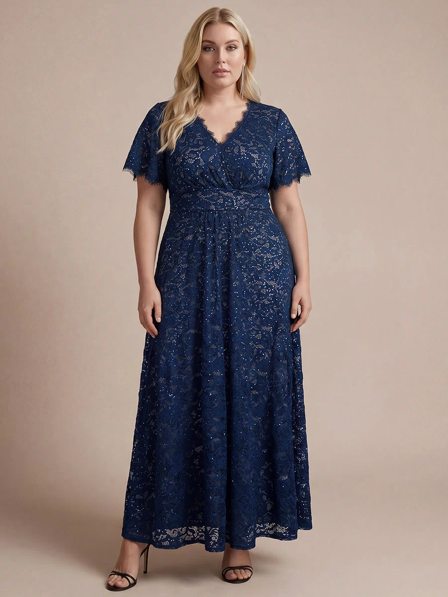 Lace Ruffle Sleeve A-Line Evening Dress #color_Navy Blue