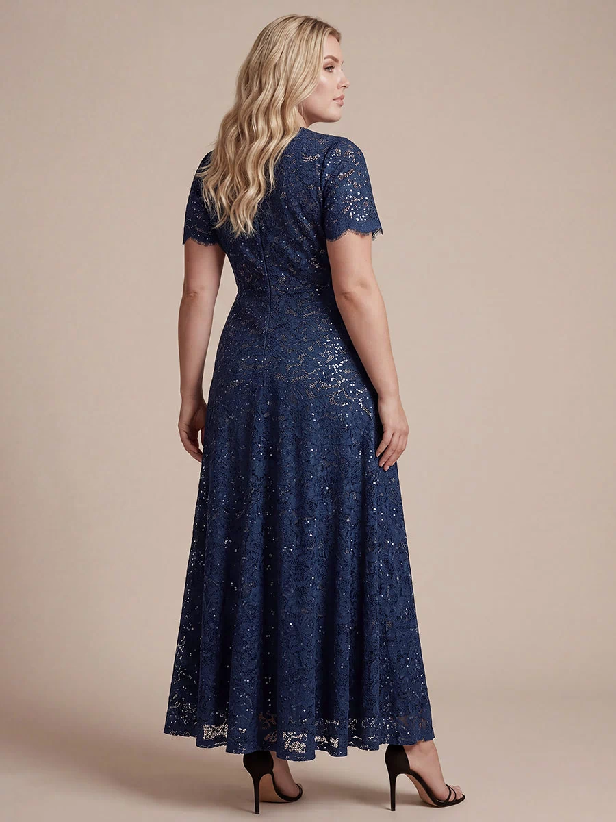 Lace Ruffle Sleeve A-Line Evening Dress #color_Navy Blue