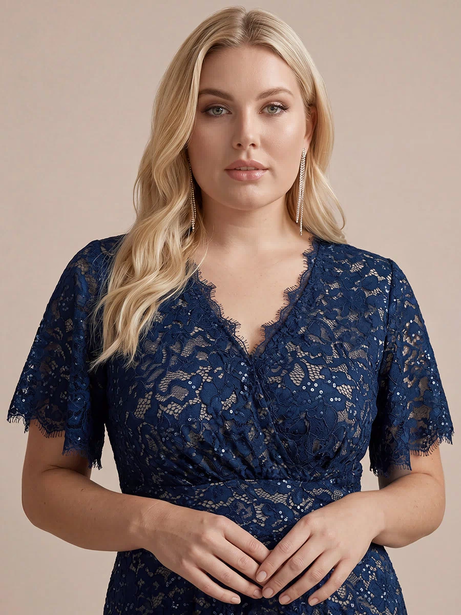 Lace Ruffle Sleeve A-Line Evening Dress #color_Navy Blue