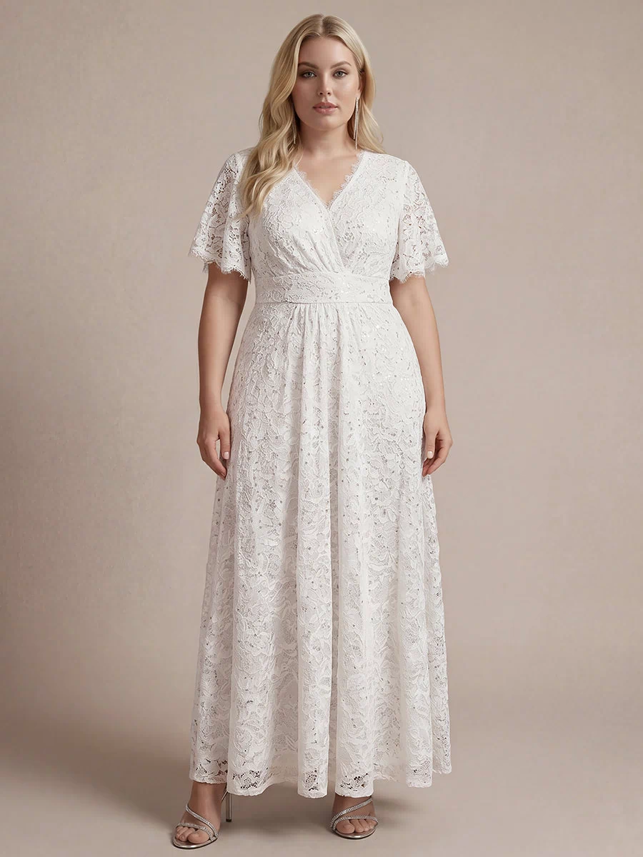 Lace Ruffle Sleeve A-Line Evening Dress #color_White