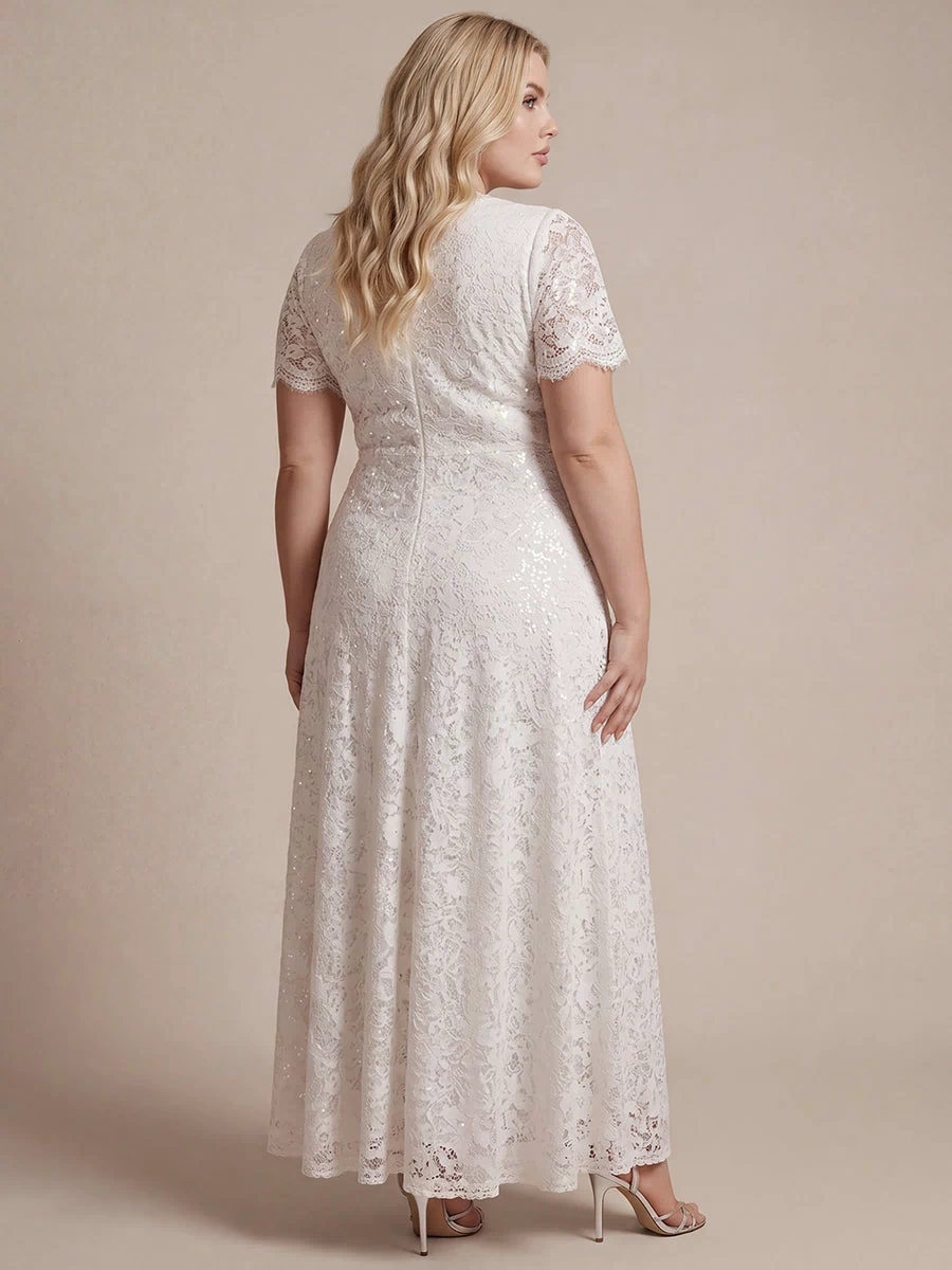 Lace Ruffle Sleeve A-Line Evening Dress #color_White
