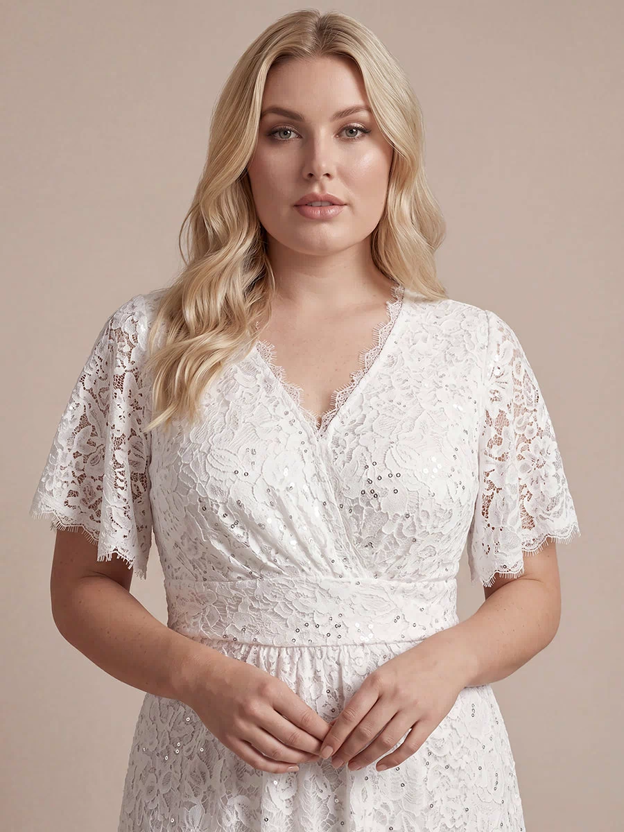 Lace Ruffle Sleeve A-Line Evening Dress #color_White