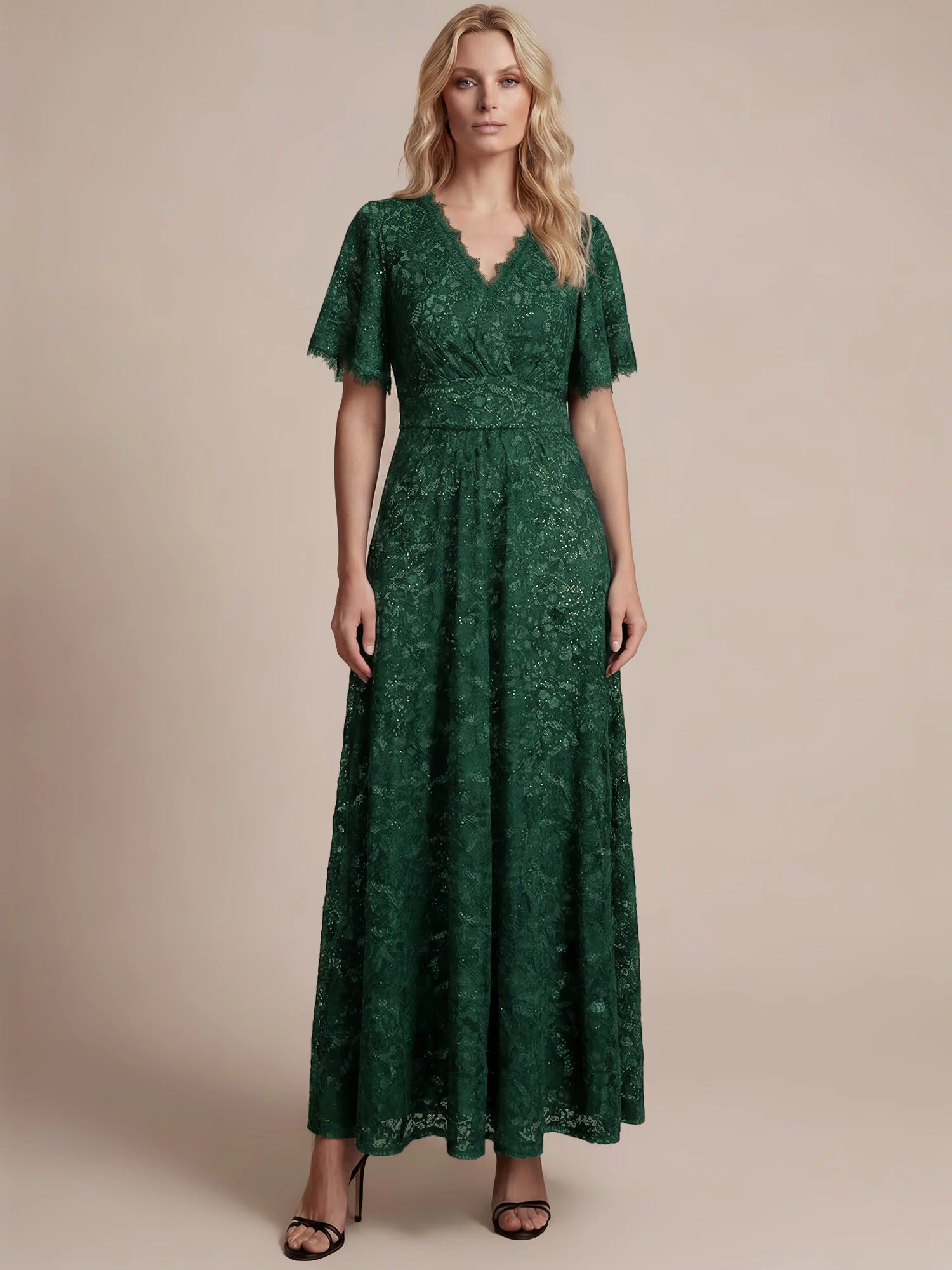 Lace Ruffle Sleeve A-Line Evening Dress #color_Dark Green