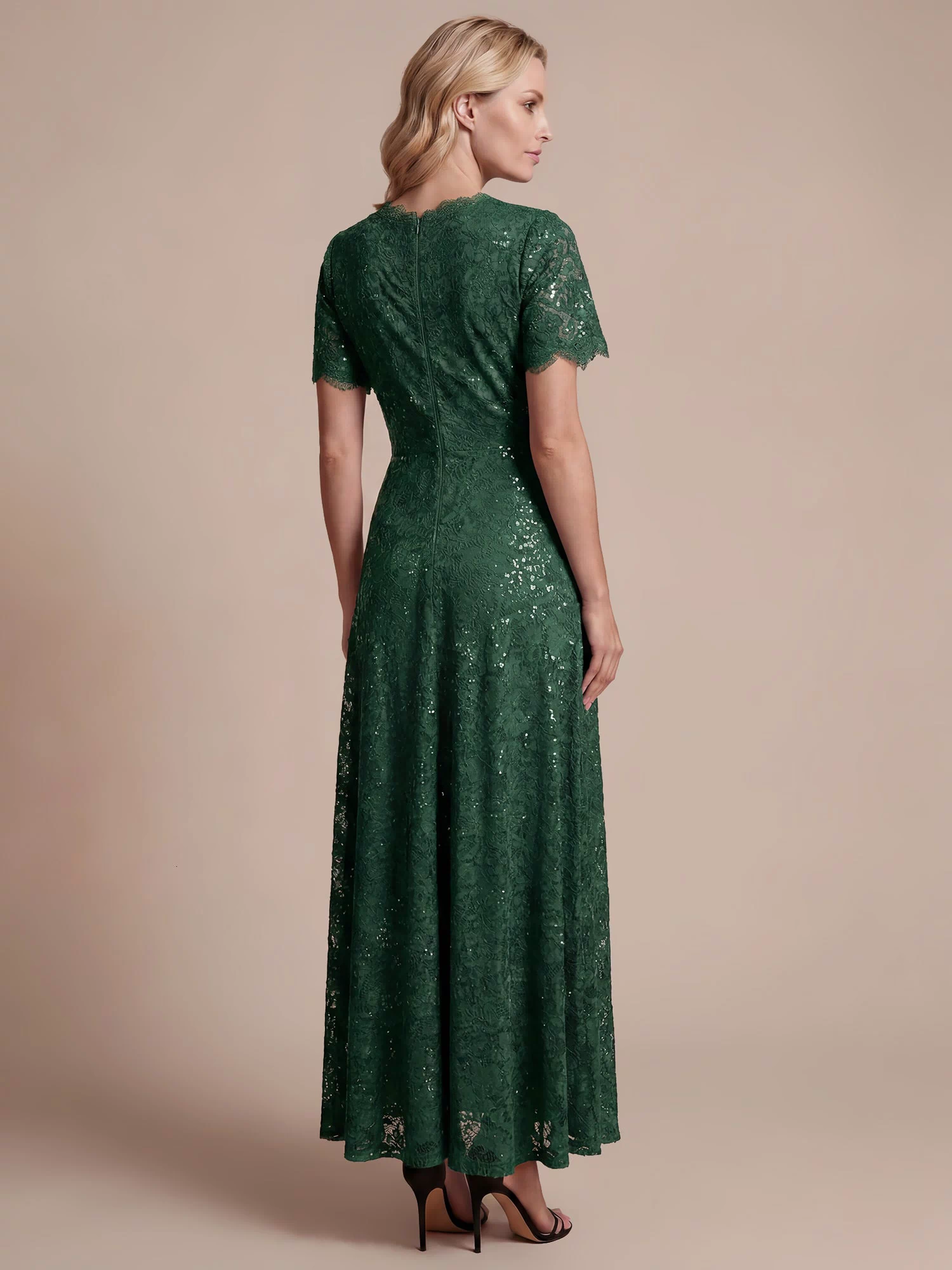 Lace Ruffle Sleeve A-Line Evening Dress #color_Dark Green