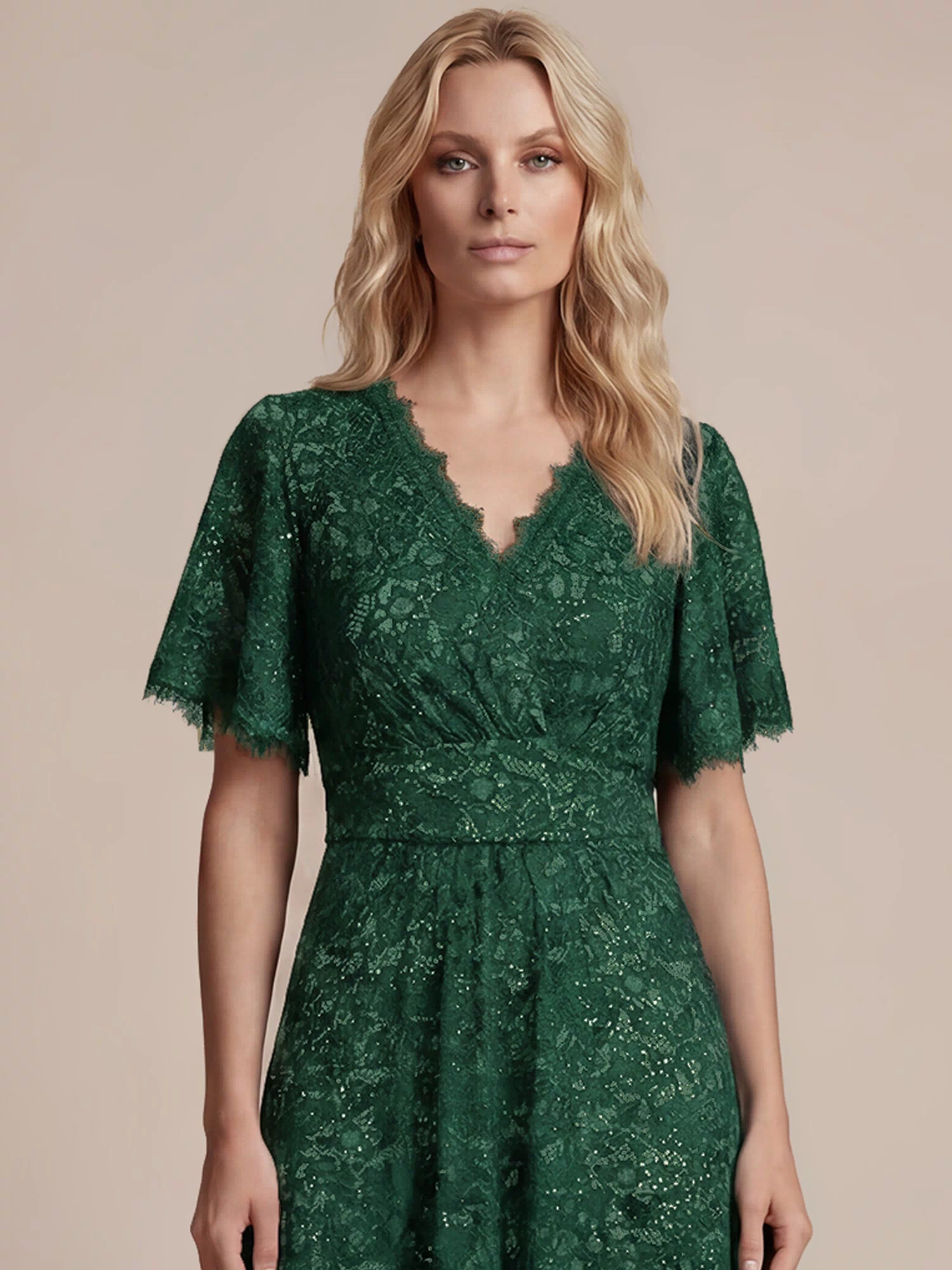 Lace Ruffle Sleeve A-Line Evening Dress #color_Dark Green