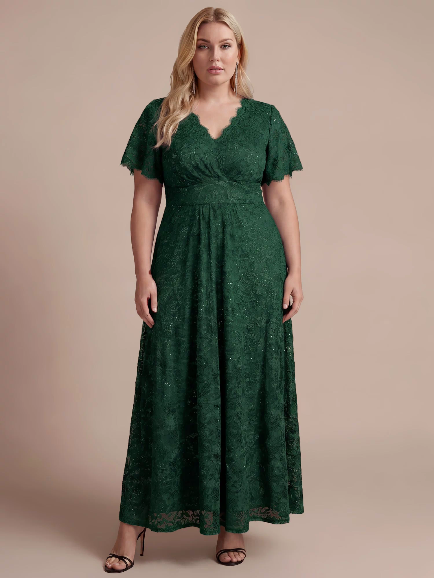 Lace Ruffle Sleeve A-Line Evening Dress #color_Dark Green