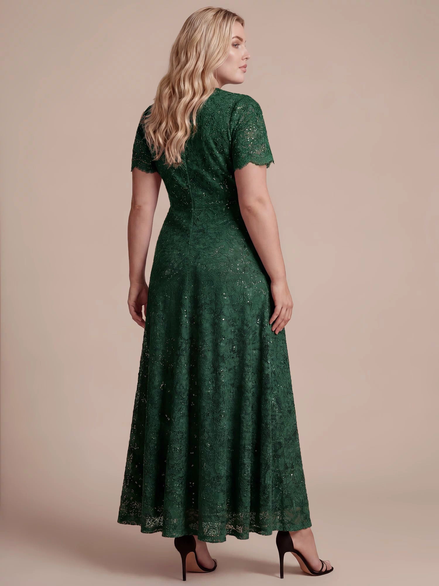 Lace Ruffle Sleeve A-Line Evening Dress #color_Dark Green