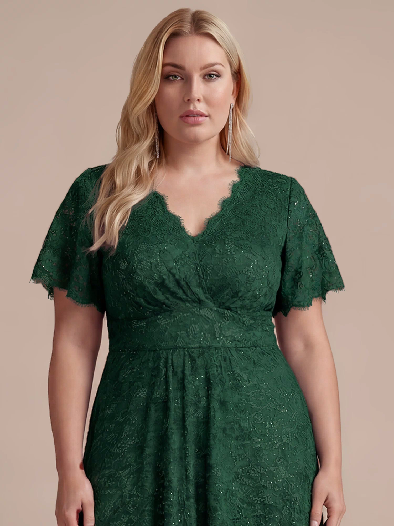 Lace Ruffle Sleeve A-Line Evening Dress #color_Dark Green