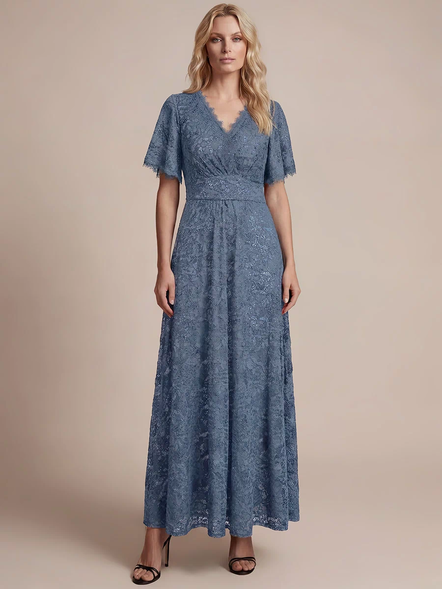 Lace Ruffle Sleeve A-Line Evening Dress #color_Dusty Blue
