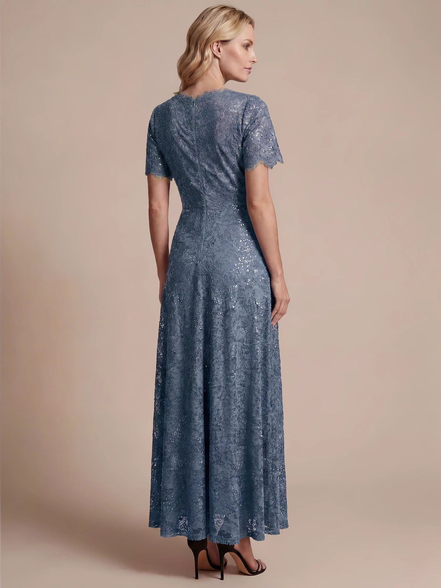 Lace Ruffle Sleeve A-Line Evening Dress #color_Dusty Blue