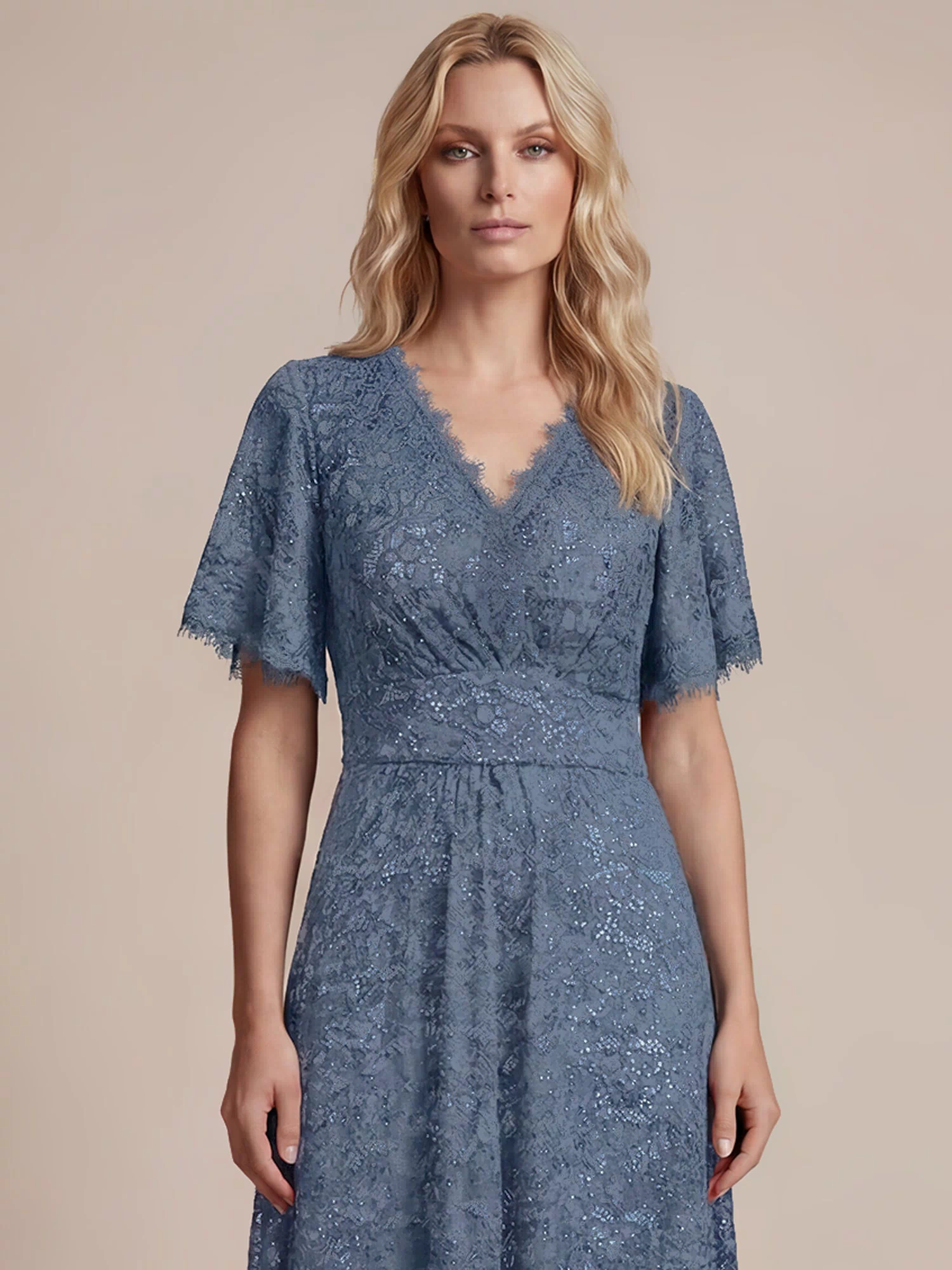 Lace Ruffle Sleeve A-Line Evening Dress #color_Dusty Blue