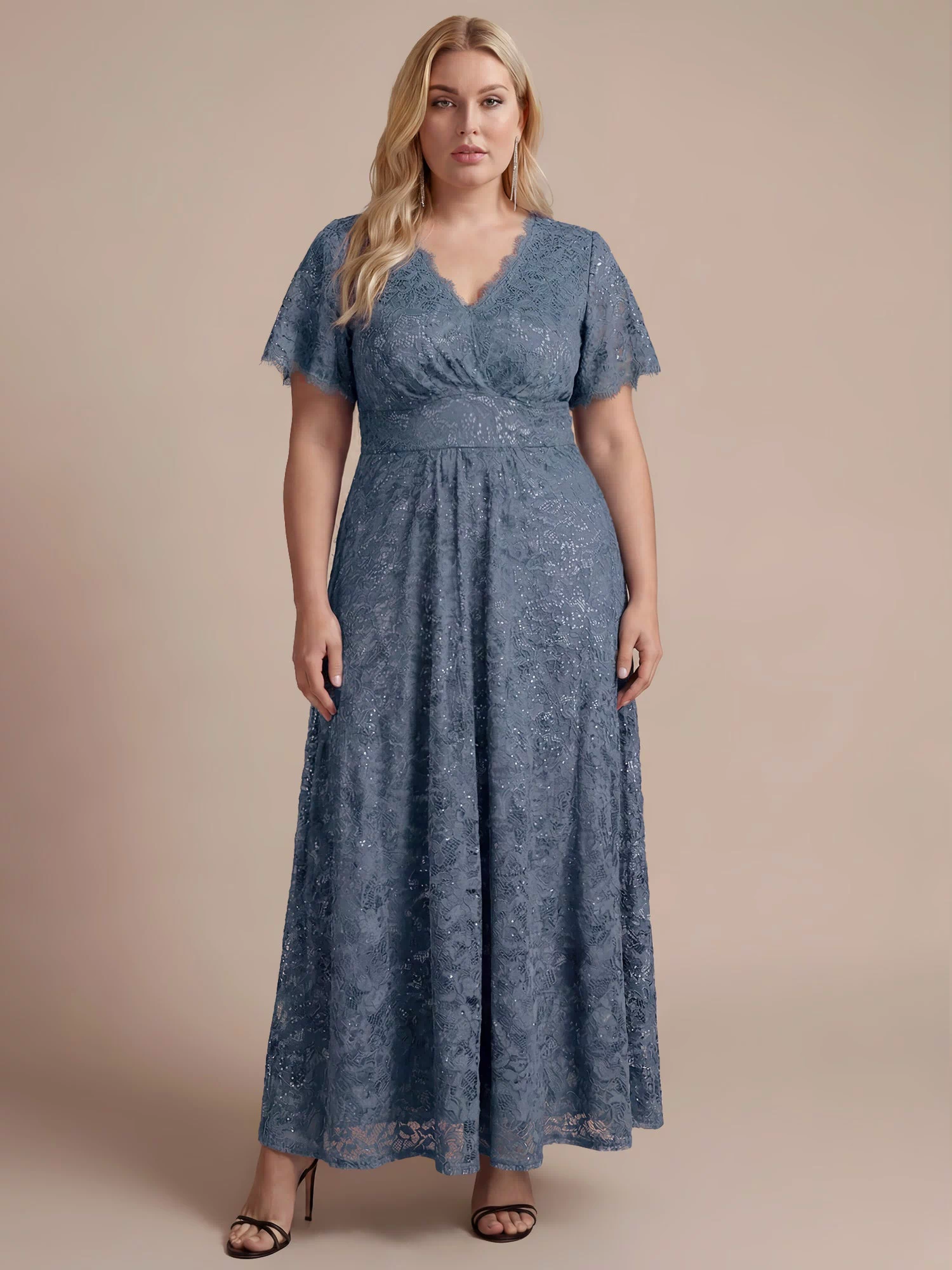 Lace Ruffle Sleeve A-Line Evening Dress #color_Dusty Blue