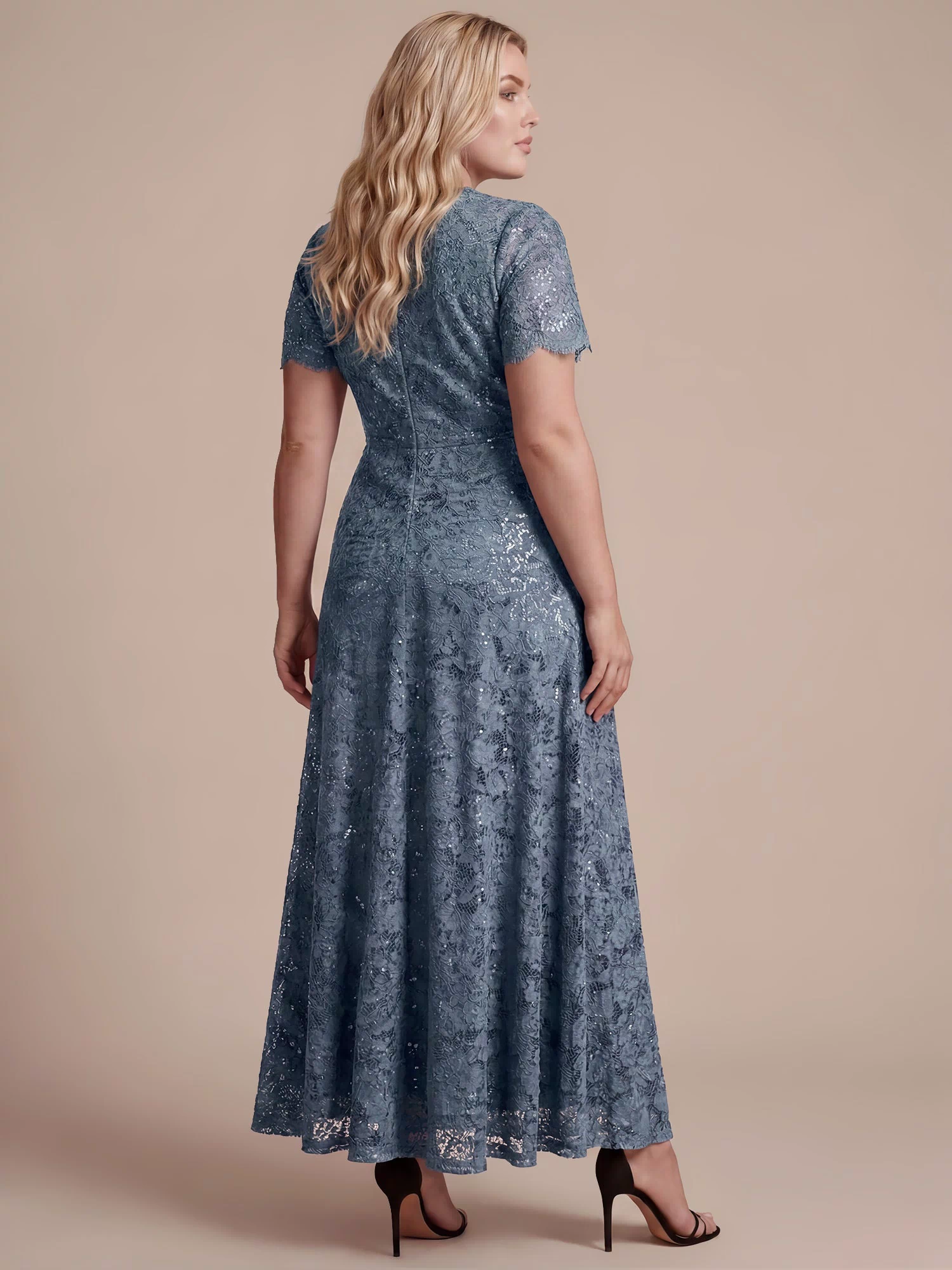 Lace Ruffle Sleeve A-Line Evening Dress #color_Dusty Blue