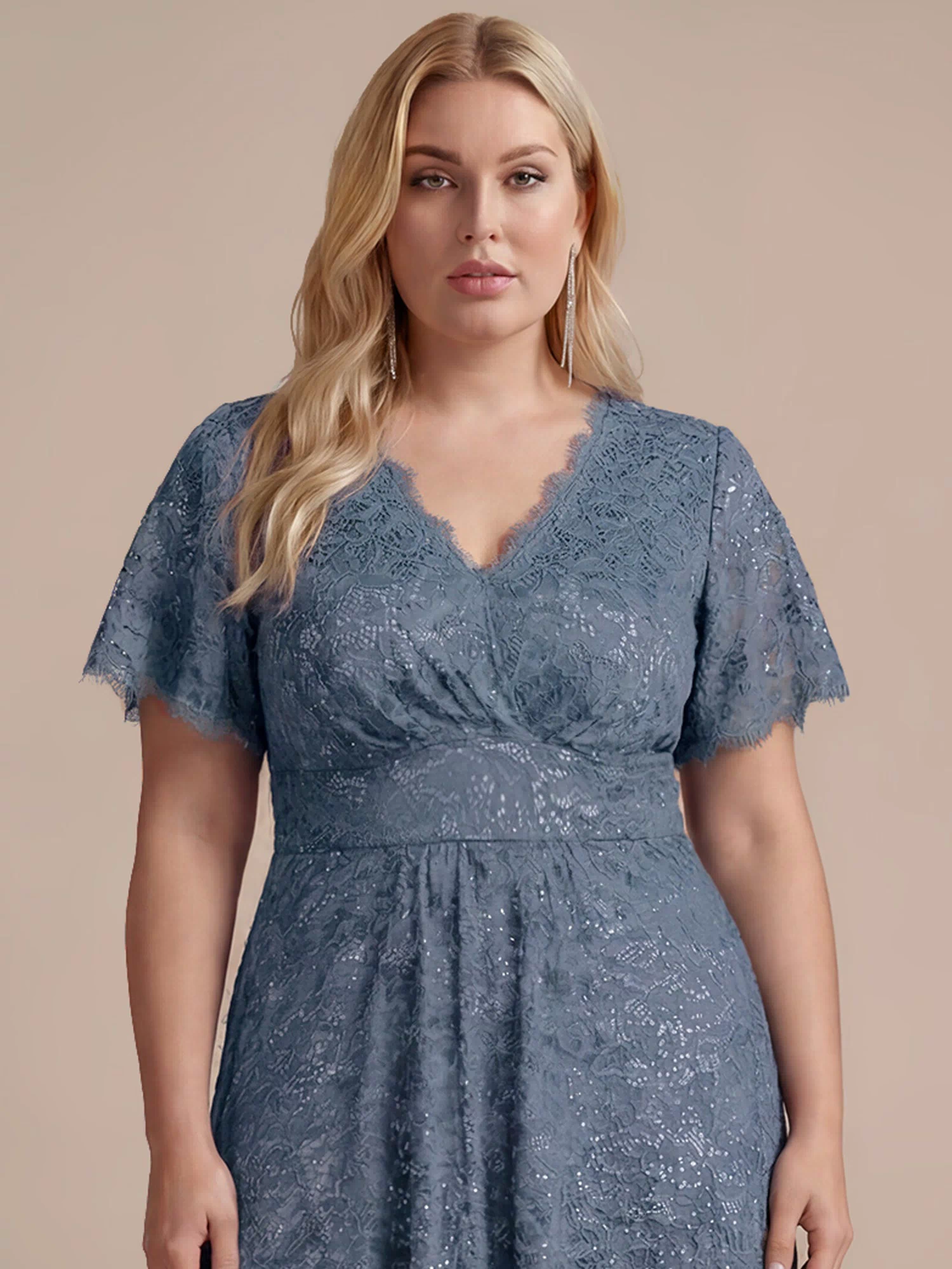 Lace Ruffle Sleeve A-Line Evening Dress #color_Dusty Blue