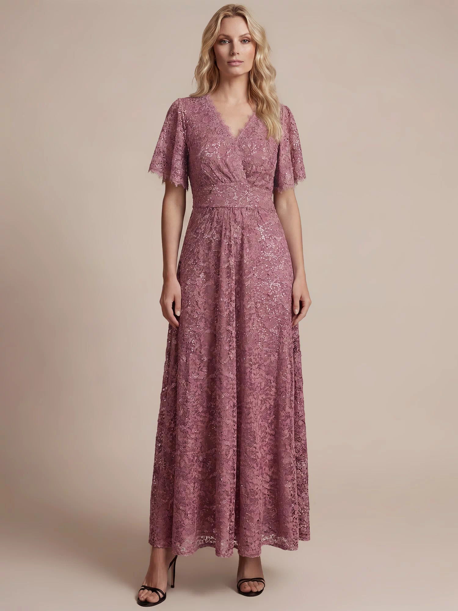 Lace Ruffle Sleeve A-Line Evening Dress #color_Purple Orchid