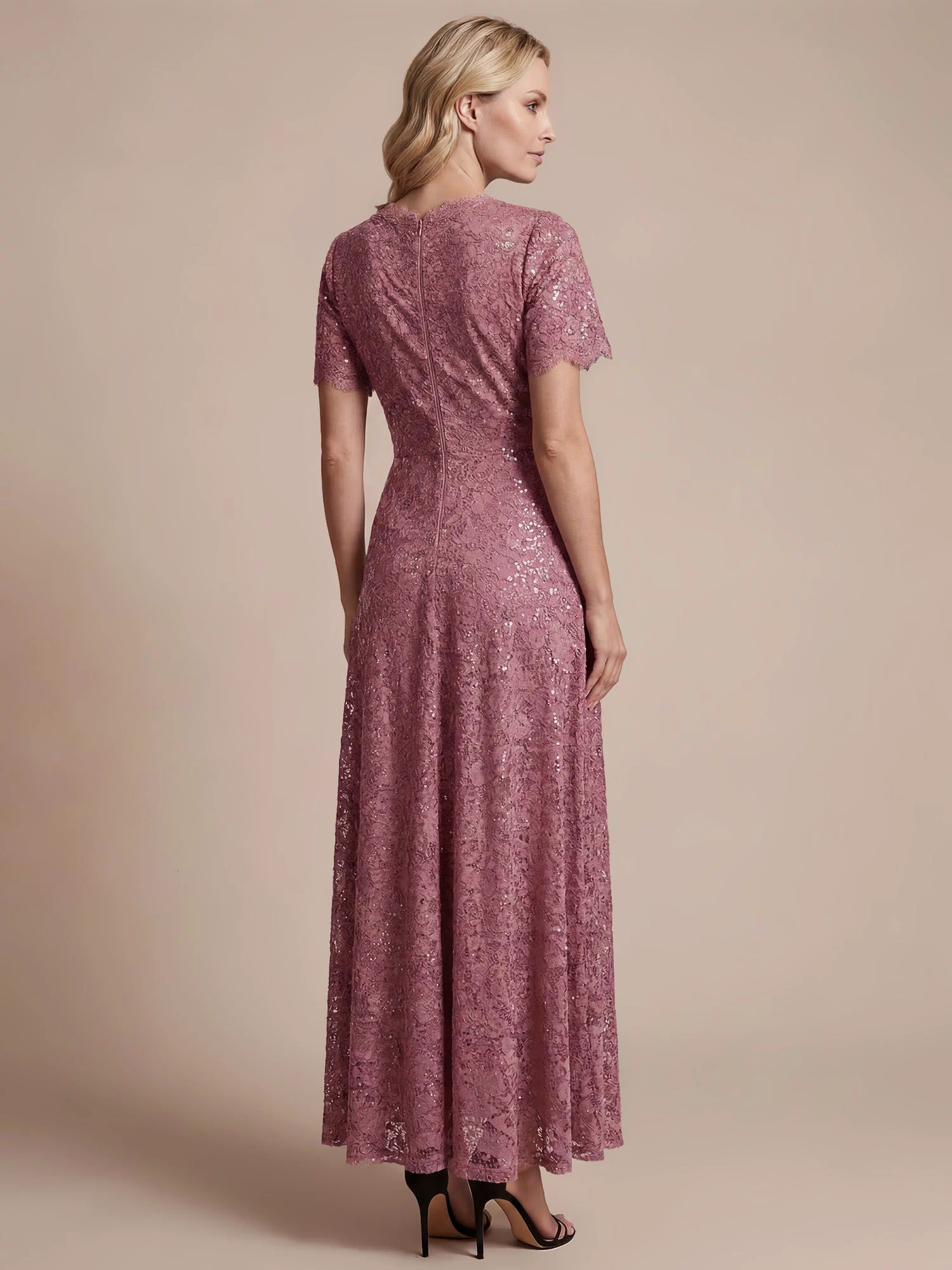Lace Ruffle Sleeve A-Line Evening Dress #color_Purple Orchid
