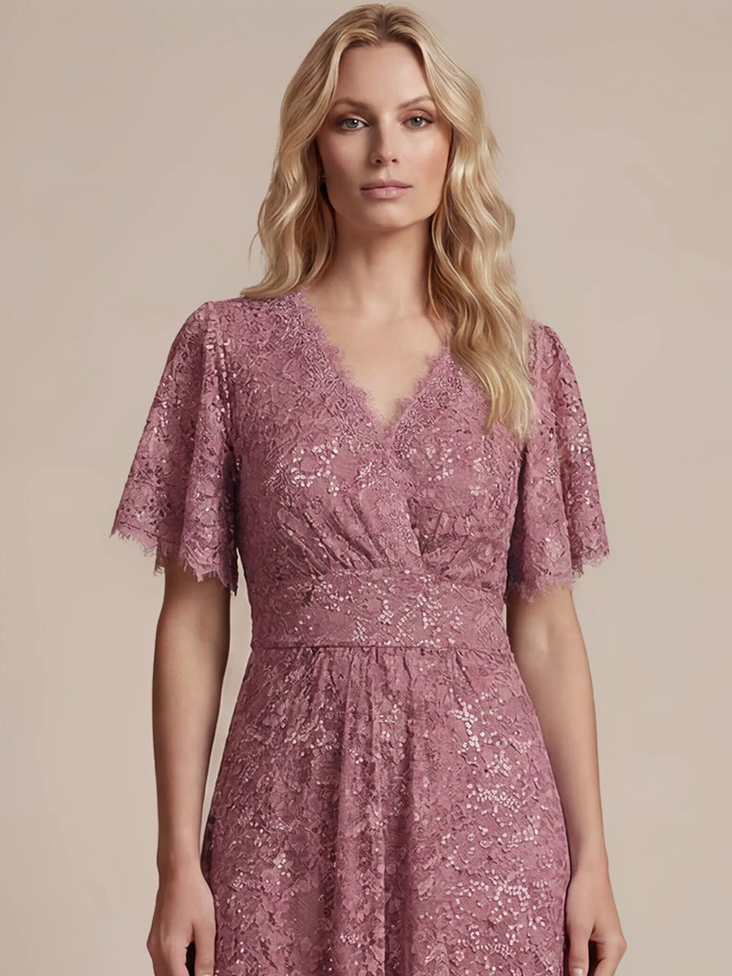 Lace Ruffle Sleeve A-Line Evening Dress #color_Purple Orchid