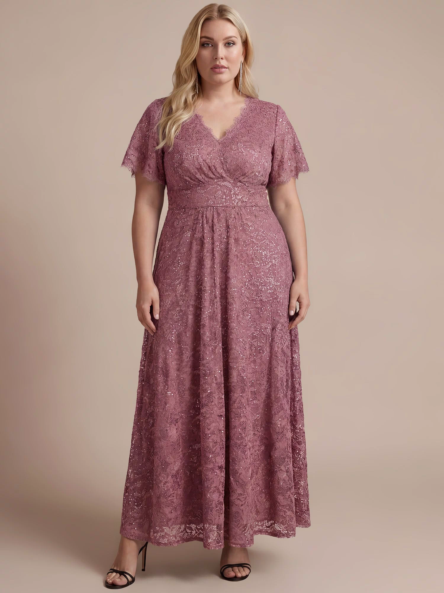 Lace Ruffle Sleeve A-Line Evening Dress #color_Purple Orchid