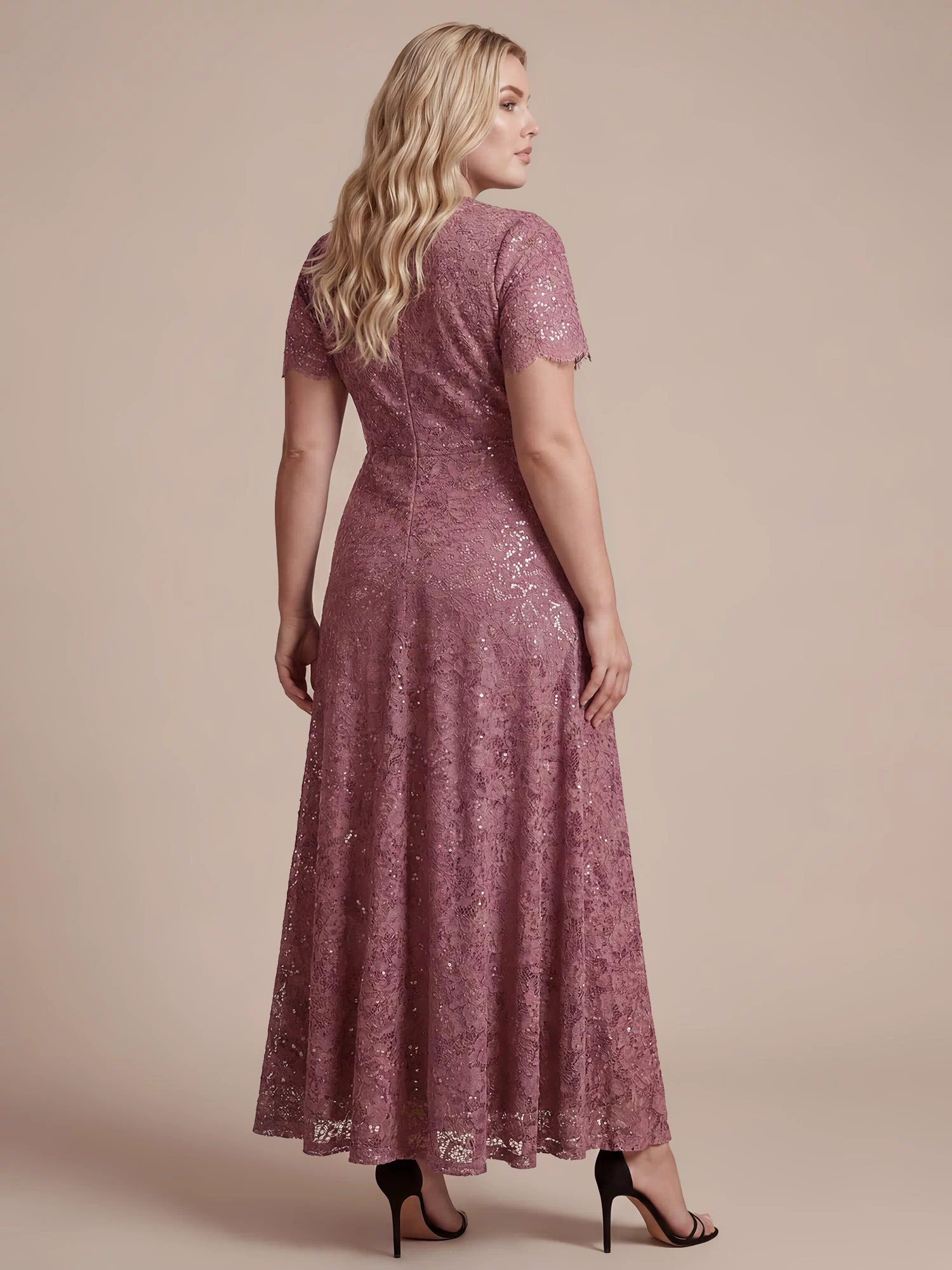 Lace Ruffle Sleeve A-Line Evening Dress #color_Purple Orchid