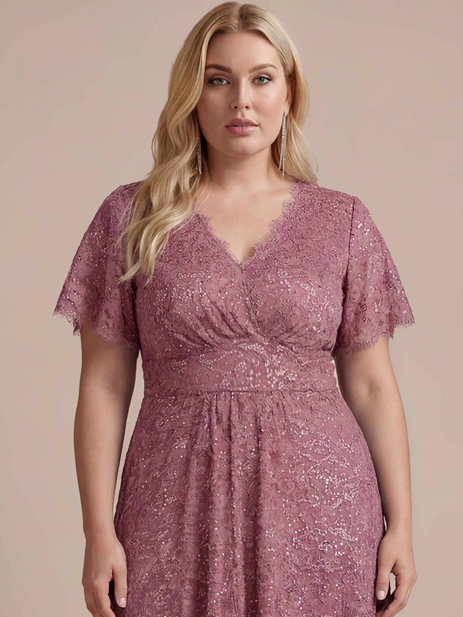 Lace Ruffle Sleeve A-Line Evening Dress #color_Purple Orchid